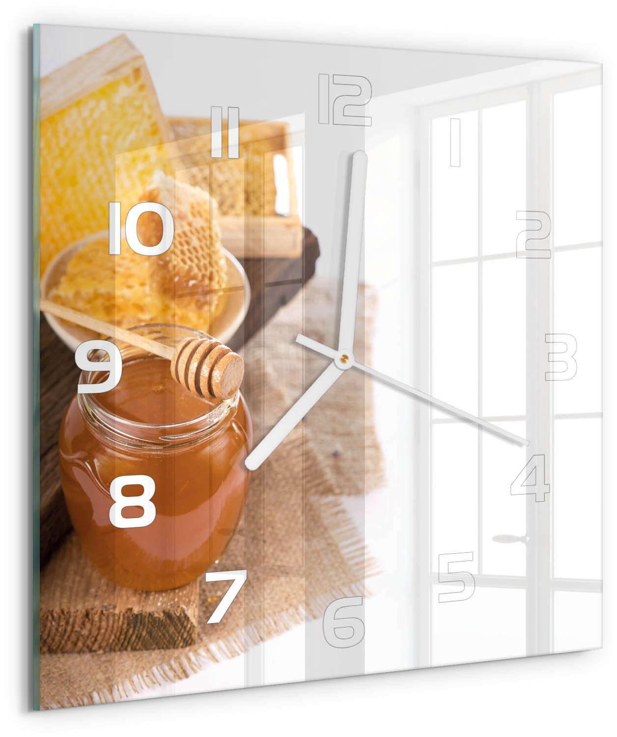 Tulup Wandklok - Honing Glazen Klok Met Print - 30x30 cm - Geel Wandklok Glas Met Motief - Witte handen - Vierkante Klok - Wandklok Glas Decoratie - Gekleurde Glazen Klok