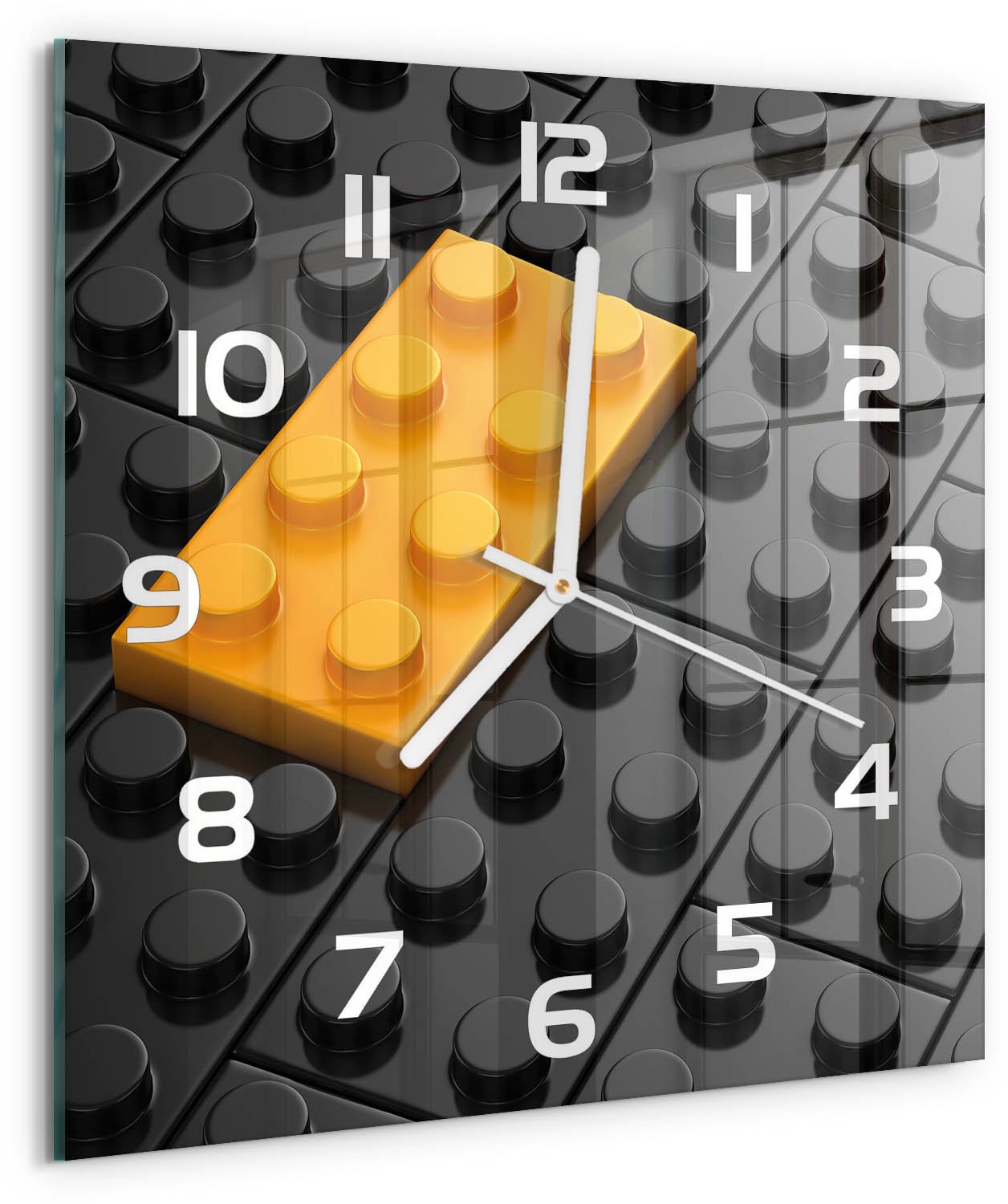 Tulup Wandklok - Lego Decoratieve Glazen Klok - 30x30 cm - Geel Glazen Wandklok Design - Witte handen - Vierkante Klok - Glazen Klok Met Print - Wandklok Glas Met Motief