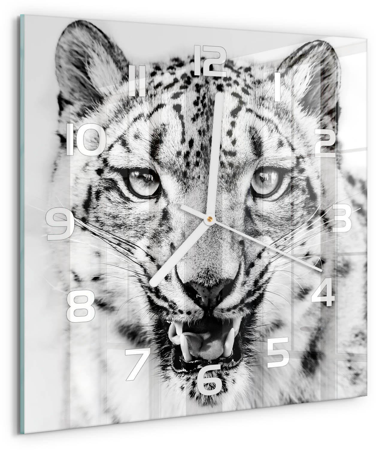 Tulup Wandklok - Sneeuwluipaard Klok Glas Met Opdruk - 30x30 cm - Zwart-wit Moderne Wandklok Glas - Witte handen - Vierkante Klok - Decoratieve Glazen Klok - Glazen Wandklok Design