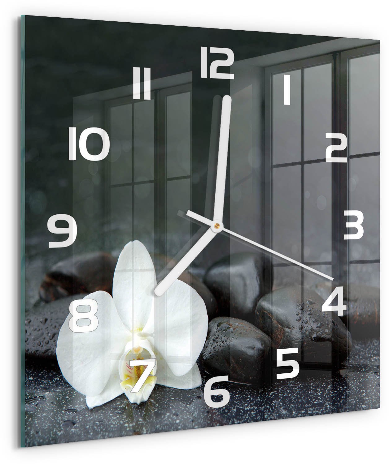 Tulup Wandklok - Orchidee Wandklok Glas Decoratie - 30x30 cm - Zwart Gekleurde Glazen Klok - Witte handen - Vierkante Klok - Klok Glas Met Opdruk - Moderne Wandklok Glas