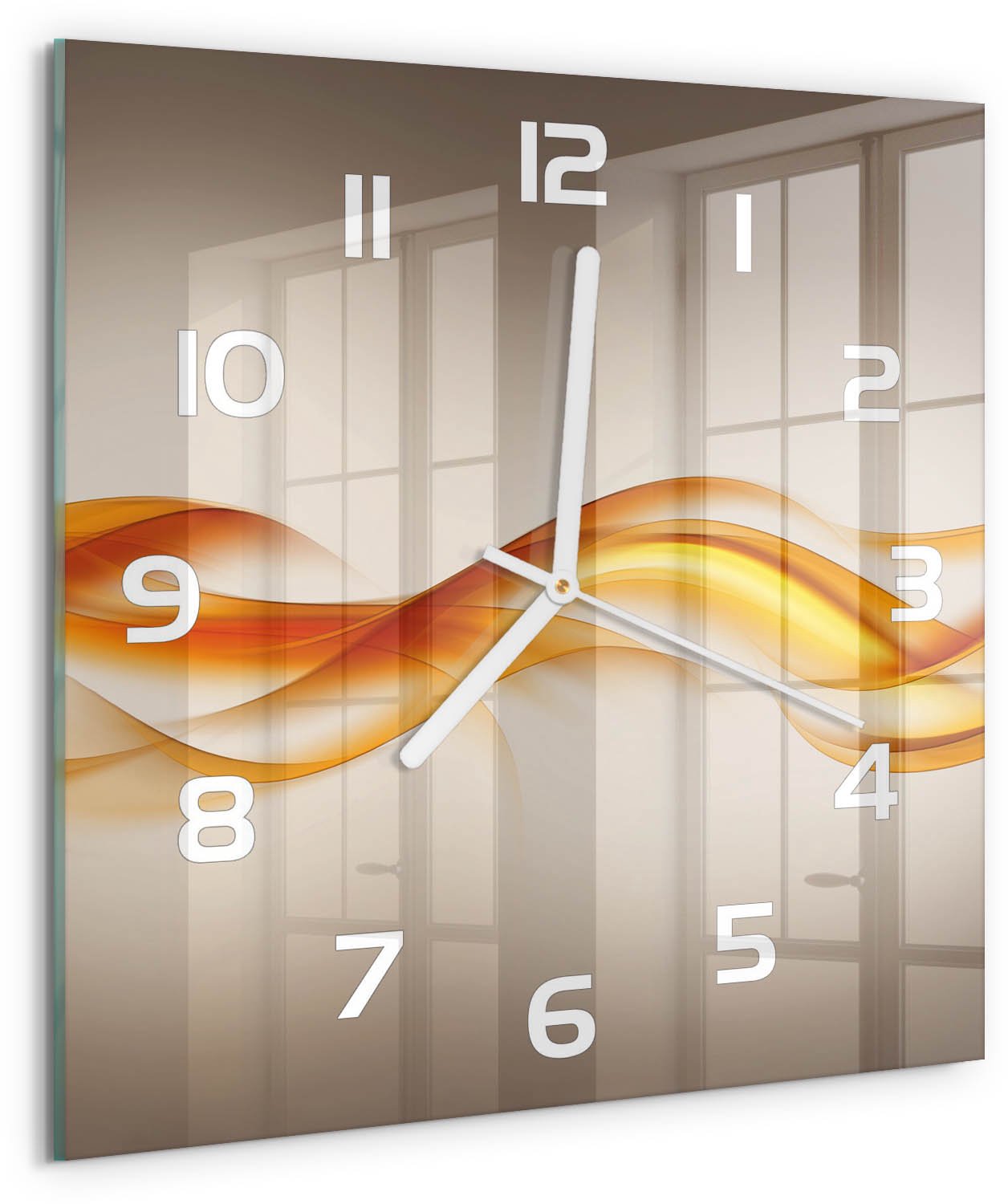 Tulup Wandklok - Golfabstractie Gekleurde Glazen Klok - 30x30 cm - Oranje Glazen Klok Met Print - Witte handen - Vierkante Klok - Moderne Wandklok Glas - Wandklok Glas Decoratie