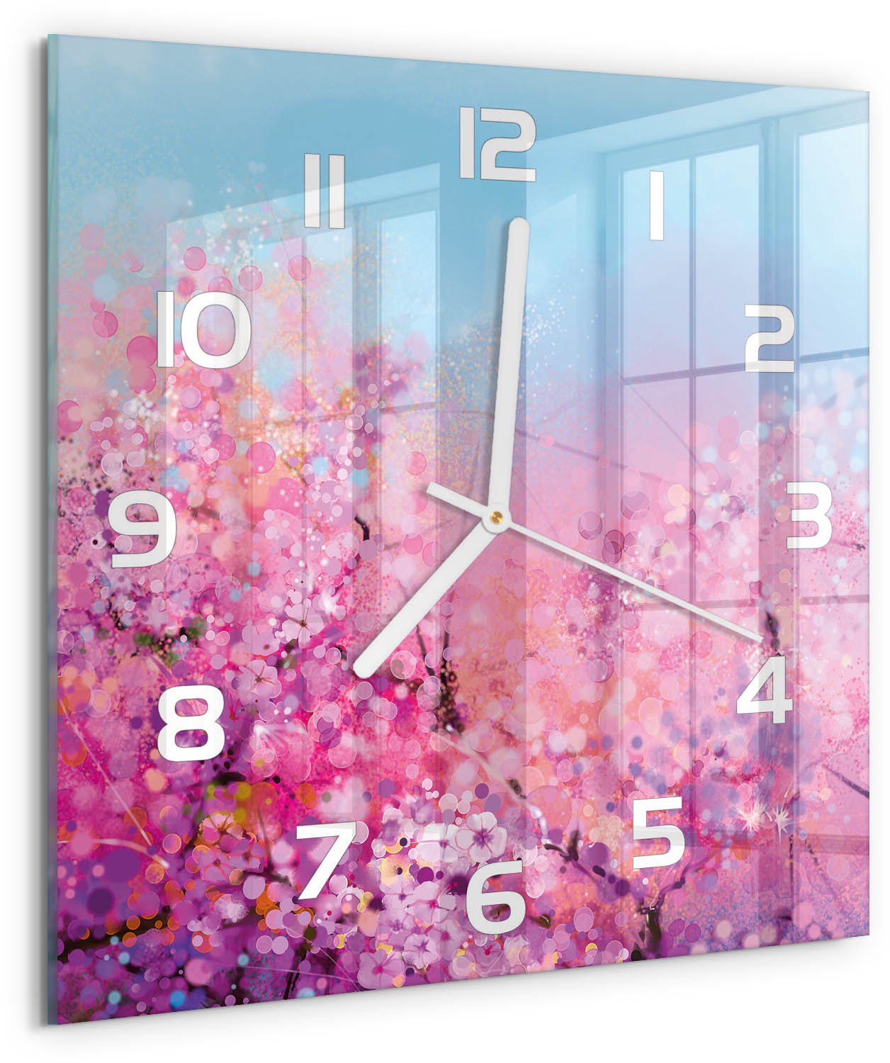 Tulup Wandklok - Kersenbloesem Glazen Klok Met Print - 30x30 cm - Roze Wandklok Glas Met Motief - Witte handen - Vierkante Klok - Wandklok Glas Decoratie - Gekleurde Glazen Klok