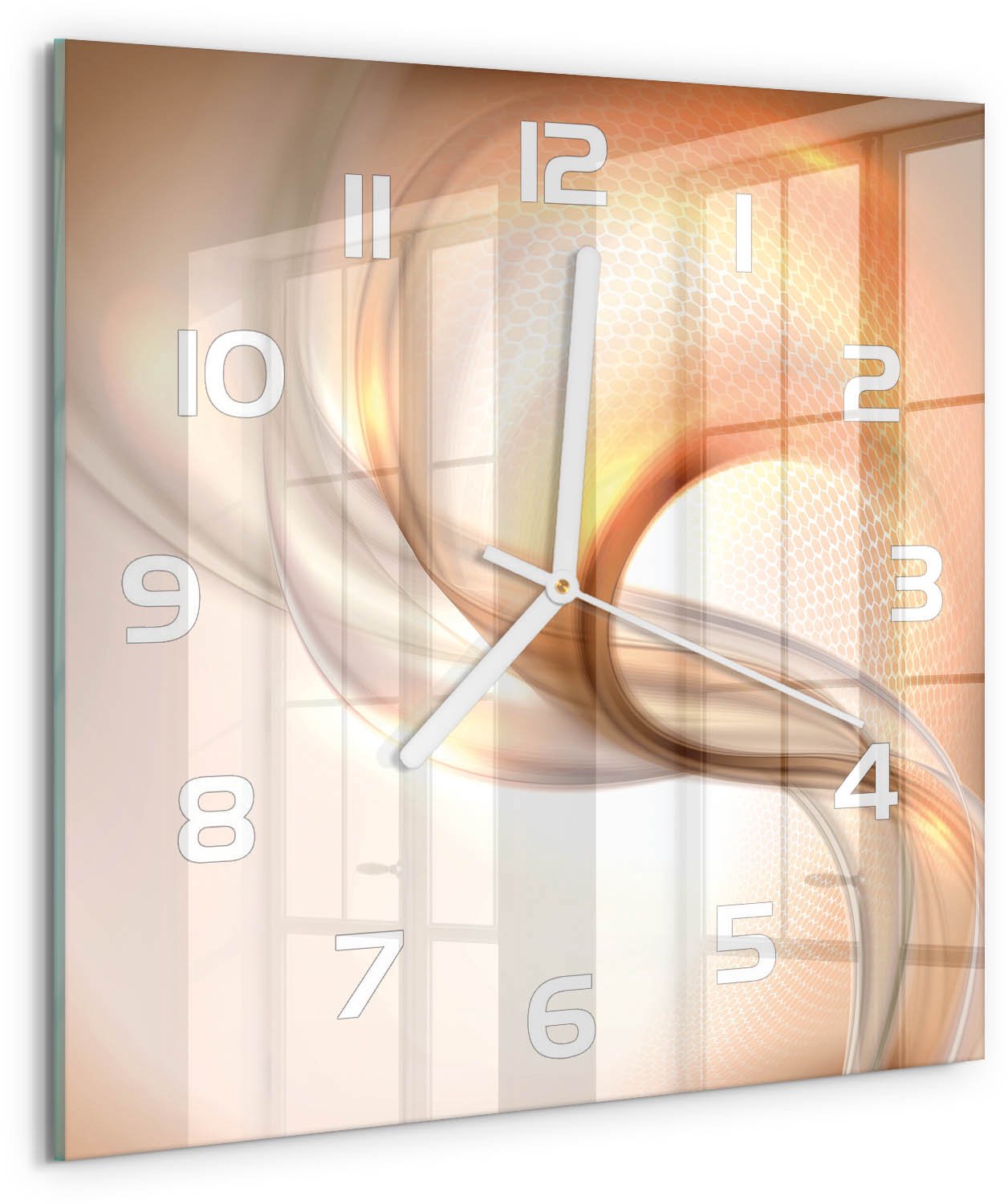 Tulup Wandklok - Abstracte achtergrond Glazen Wandklok Design - 30x30 cm - Oranje Klok Glas Met Opdruk - Witte handen - Vierkante Klok - Wandklok Glas Met Motief - Decoratieve Glazen Klok