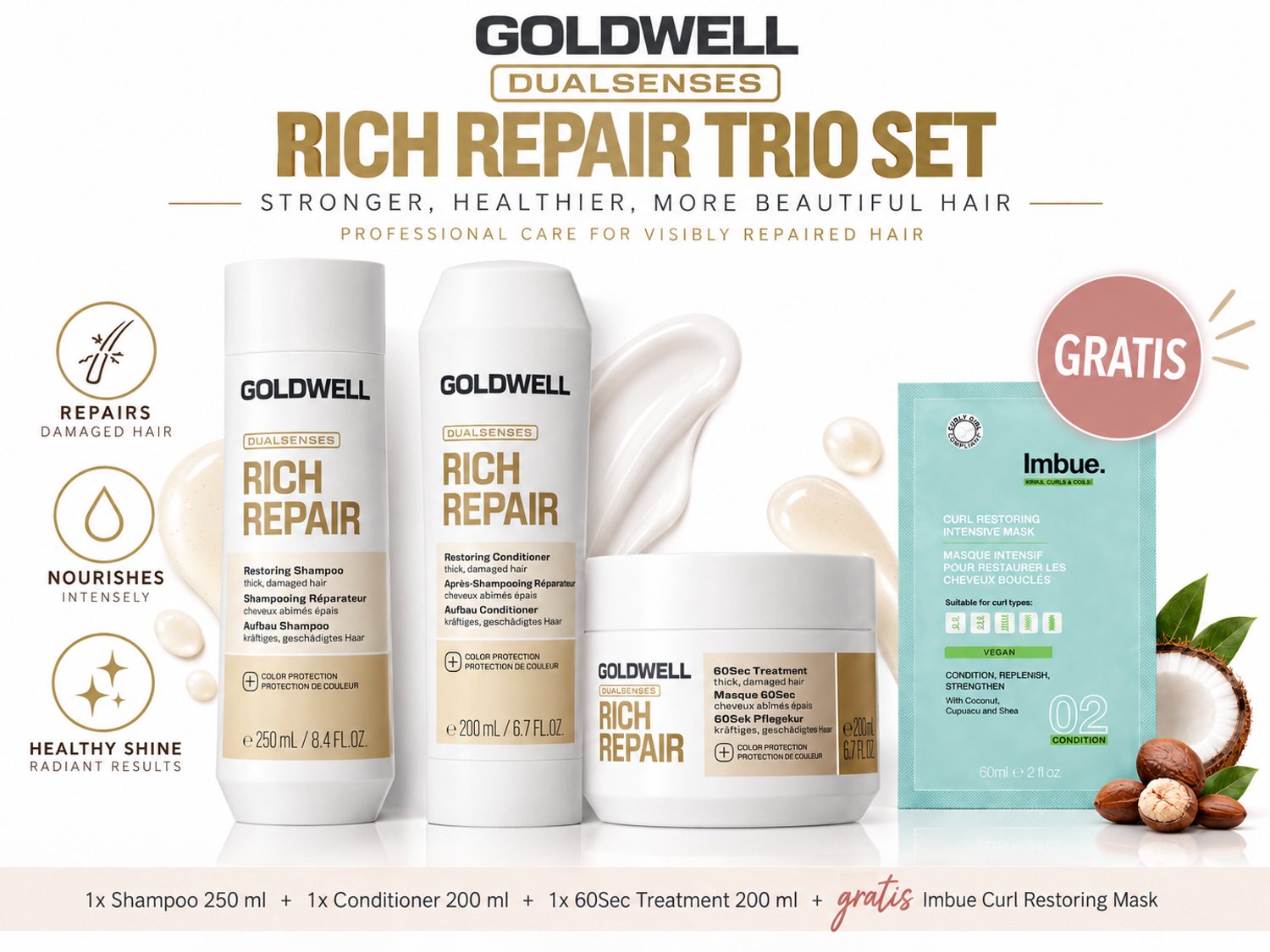 Goldwell Dualsenses Rich Repair Shampoo, Conditioner & 60Sec Treatment + Gratis Imbue Masker