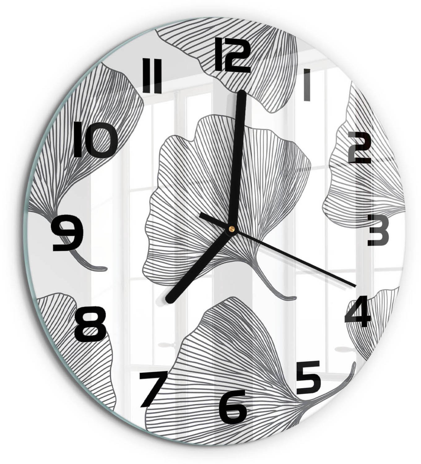TULUP Wandklok - Ginkgo Gekleurde Glazen Klok - fi30 cm - Zwart-wit Glazen Klok Met Print - Zwarte handen - Ronde Klok - Moderne Wandklok Glas - Wandklok Glas Decoratie