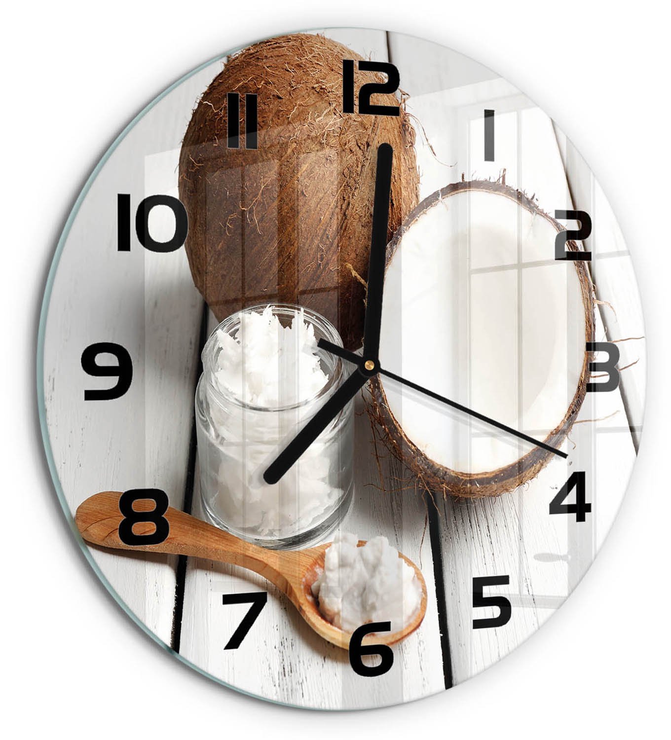 TULUP Wandklok - Kokosolie Decoratieve Glazen Klok - fi30 cm - Bruin Glazen Wandklok Design - Zwarte handen - Ronde Klok - Glazen Klok Met Print - Wandklok Glas Met Motief