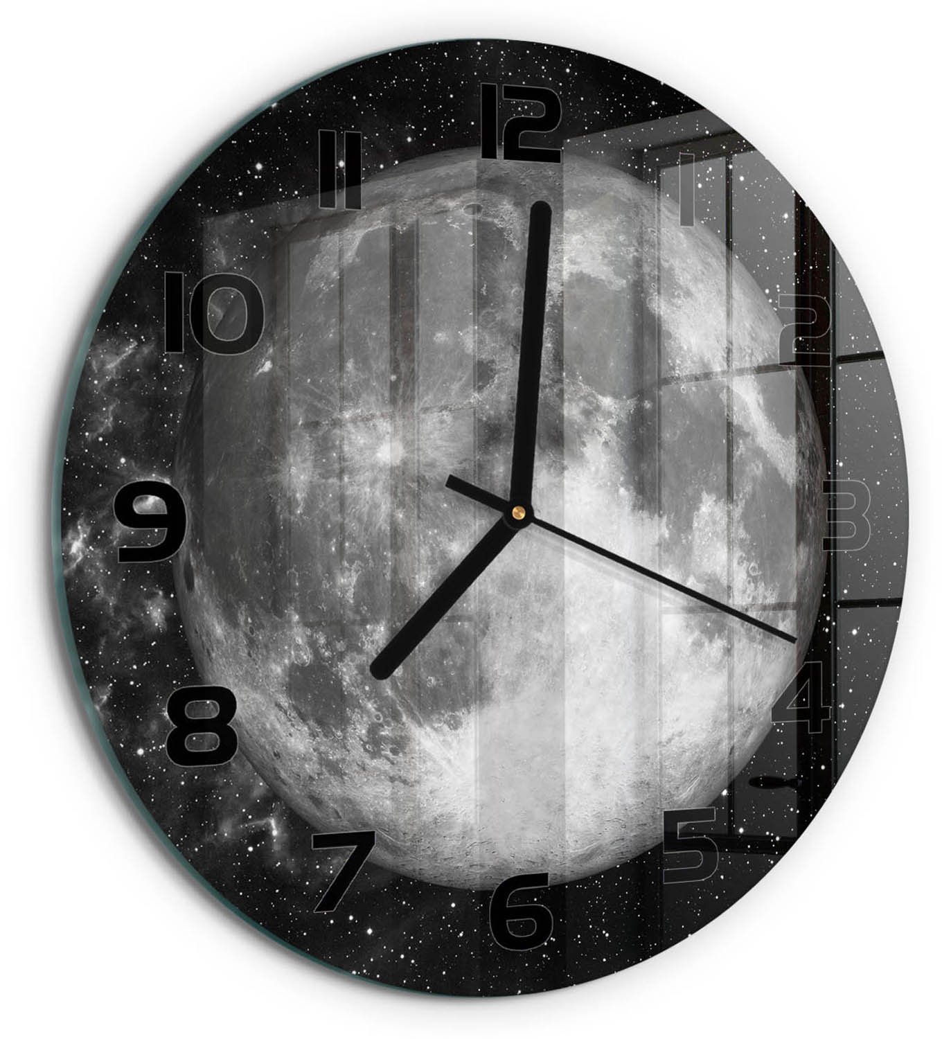TULUP Wandklok - Maan Klok Glas Met Opdruk - fi30 cm - Zwart-wit Moderne Wandklok Glas - Zwarte handen - Ronde Klok - Decoratieve Glazen Klok - Glazen Wandklok Design