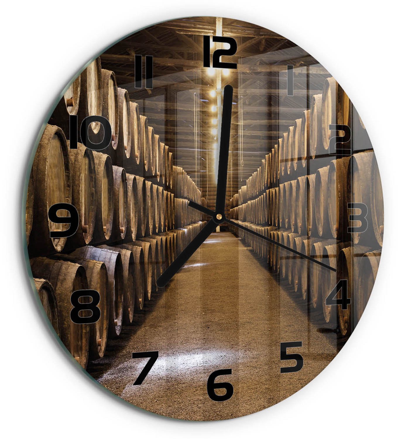 TULUP Wandklok - Porto Wijnkelders Glazen Wandklok Design - fi30 cm - Bruin Klok Glas Met Opdruk - Zwarte handen - Ronde Klok - Wandklok Glas Met Motief - Decoratieve Glazen Klok