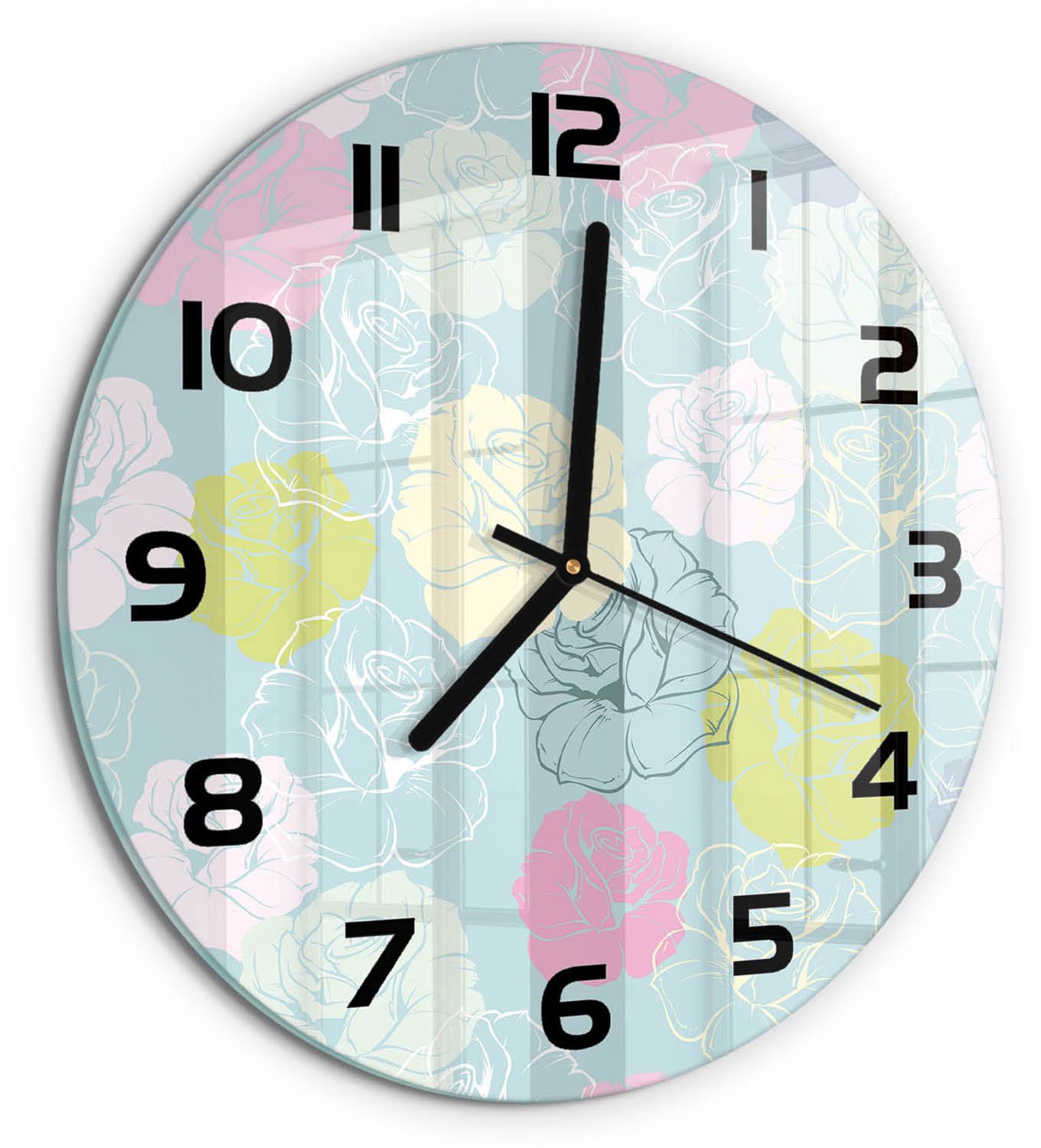 TULUP Wandklok - Rozen Gekleurde Glazen Klok - fi30 cm - Veelkleurig Glazen Klok Met Print - Zwarte handen - Ronde Klok - Moderne Wandklok Glas - Wandklok Glas Decoratie