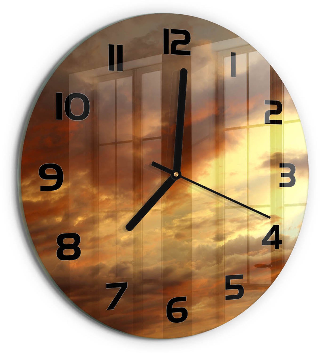 TULUP Wandklok - Zonsopgang Wandklok Glas Decoratie - fi30 cm - Geel Gekleurde Glazen Klok - Zwarte handen - Ronde Klok - Klok Glas Met Opdruk - Moderne Wandklok Glas