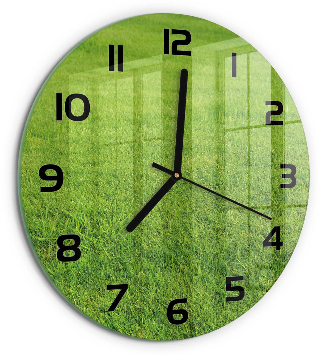 TULUP Wandklok - Groen gras Wandklok Glas Met Motief - fi30 cm - Groente Decoratieve Glazen Klok - Zwarte handen - Ronde Klok - Gekleurde Glazen Klok - Glazen Klok Met Print