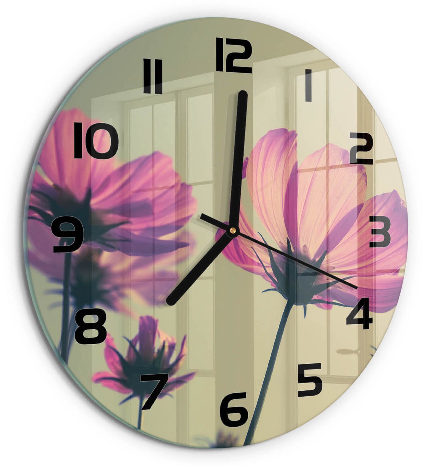 TULUP Wandklok - Roze bloemen Wandklok Glas Met Motief - fi30 cm - Roze Decoratieve Glazen Klok - Zwarte handen - Ronde Klok - Gekleurde Glazen Klok - Glazen Klok Met Print