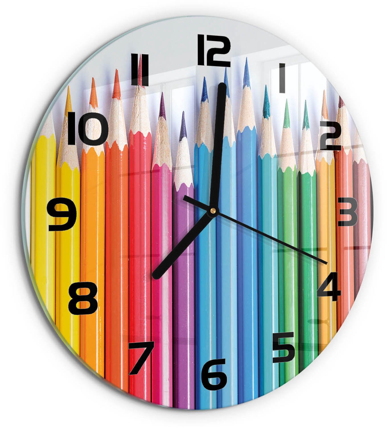 TULUP Wandklok - Kleurpotloden Gekleurde Glazen Klok - fi30 cm - Veelkleurig Glazen Klok Met Print - Zwarte handen - Ronde Klok - Moderne Wandklok Glas - Wandklok Glas Decoratie