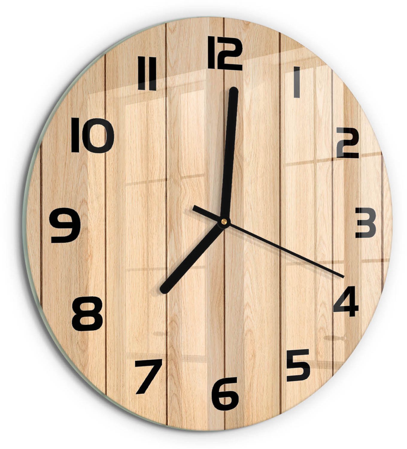 TULUP Wandklok - Houten achtergrond Decoratieve Glazen Klok - fi30 cm - Beige Glazen Wandklok Design - Zwarte handen - Ronde Klok - Glazen Klok Met Print - Wandklok Glas Met Motief