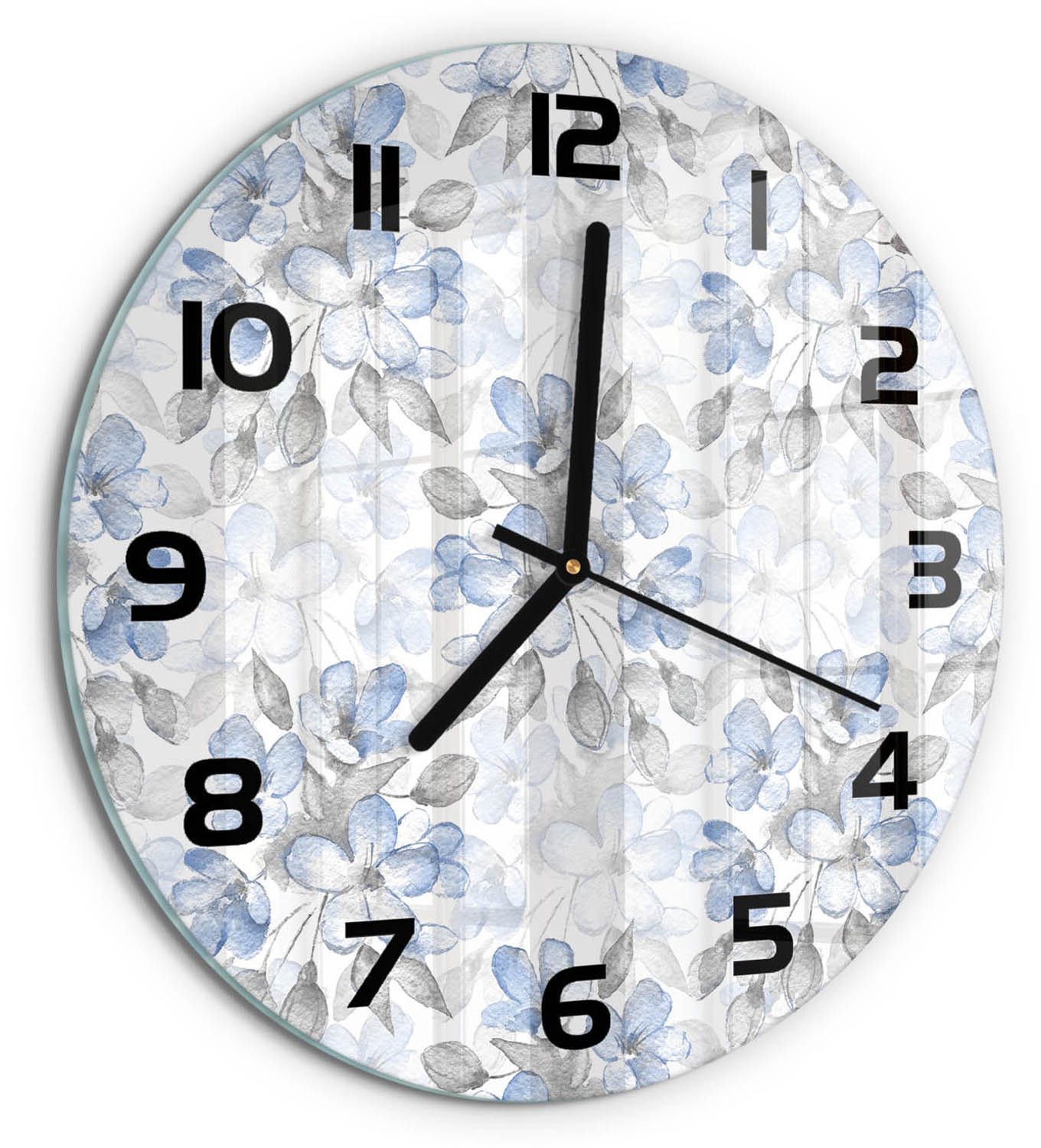 TULUP Wandklok - delicate bloemen Glazen Wandklok Design - fi30 cm - Blauw Klok Glas Met Opdruk - Zwarte handen - Ronde Klok - Wandklok Glas Met Motief - Decoratieve Glazen Klok