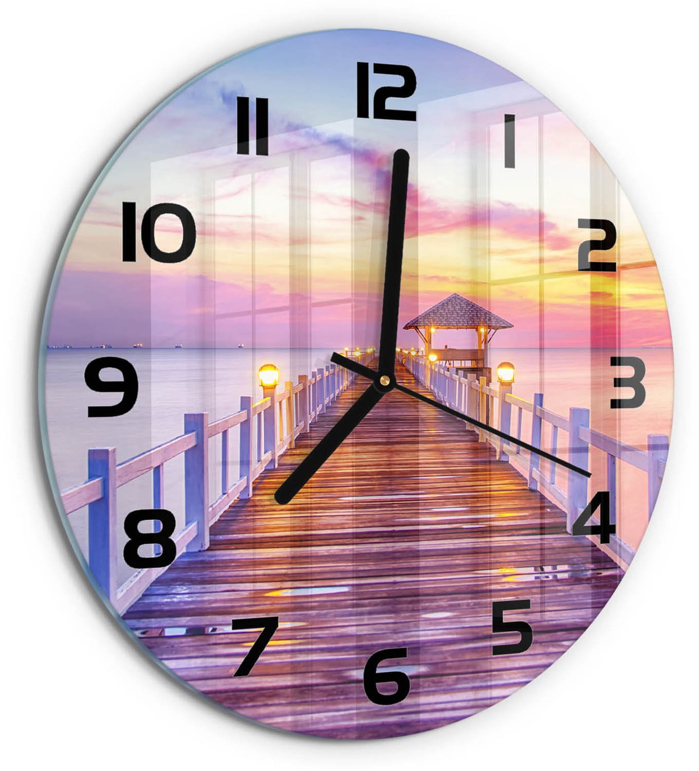 TULUP Wandklok - Houten brug Klok Glas Met Opdruk - fi30 cm - Oranje Moderne Wandklok Glas - Zwarte handen - Ronde Klok - Decoratieve Glazen Klok - Glazen Wandklok Design