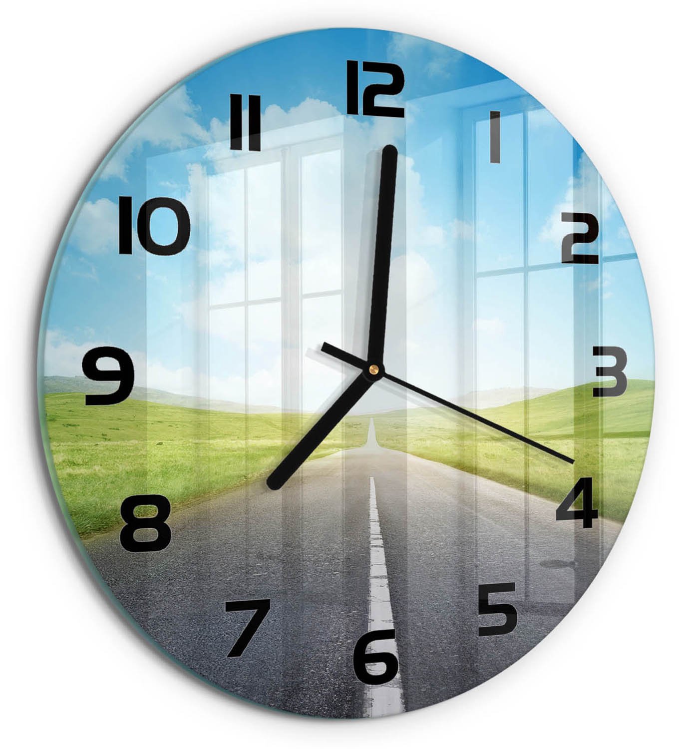 TULUP Wandklok - De weg door de weide Klok Glas Met Opdruk - fi30 cm - Groente Moderne Wandklok Glas - Zwarte handen - Ronde Klok - Decoratieve Glazen Klok - Glazen Wandklok Design