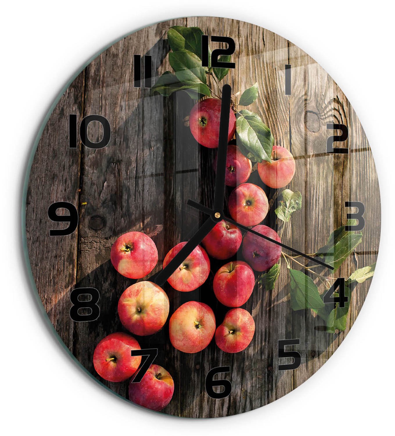 TULUP Wandklok - Appels op tafel Wandklok Glas Decoratie - fi30 cm - Rood Gekleurde Glazen Klok - Zwarte handen - Ronde Klok - Klok Glas Met Opdruk - Moderne Wandklok Glas