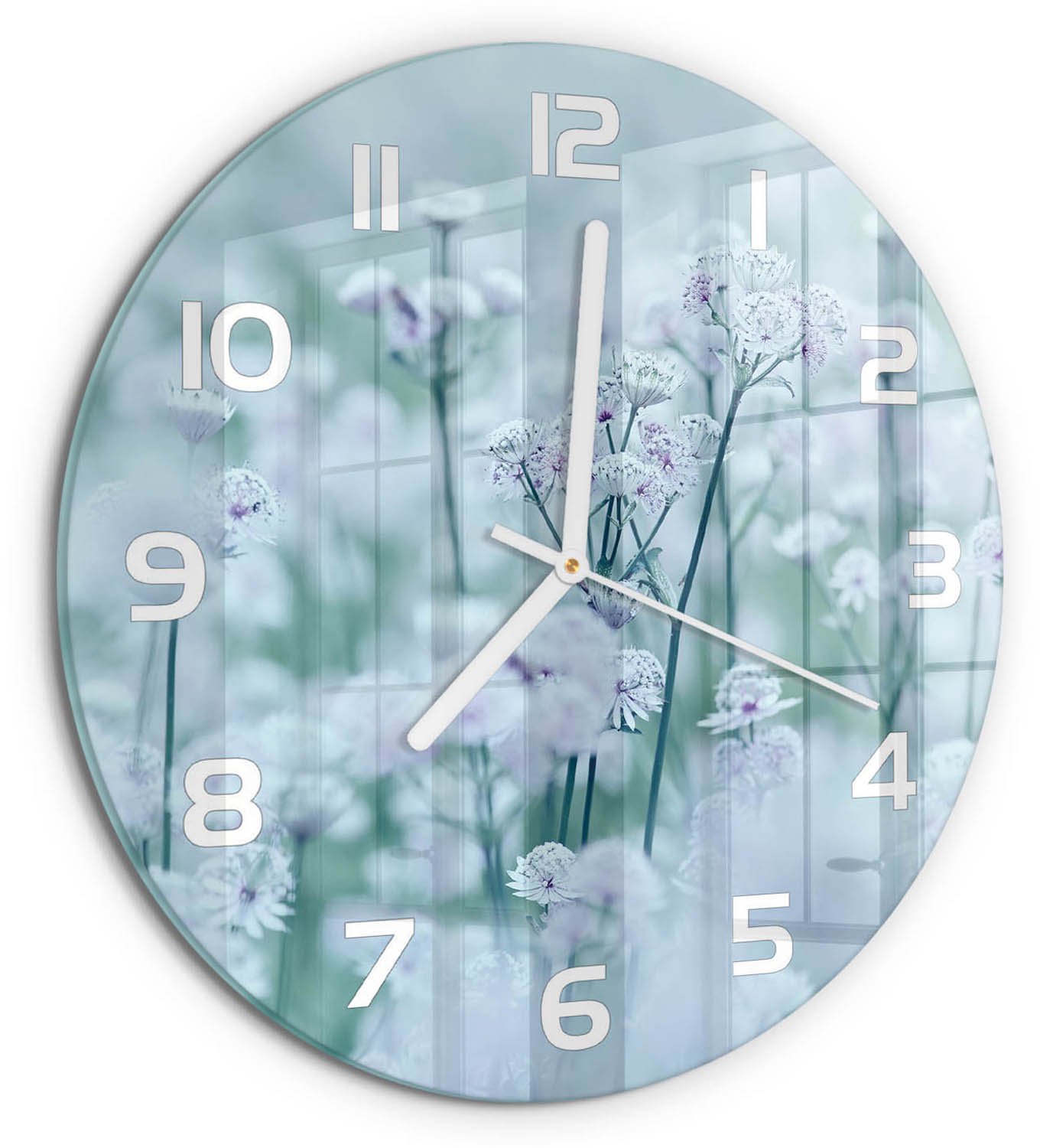 TULUP Wandklok - Grote garenkruid Decoratieve Glazen Klok - fi30 cm - Wit Glazen Wandklok Design - Witte handen - Ronde Klok - Glazen Klok Met Print - Wandklok Glas Met Motief