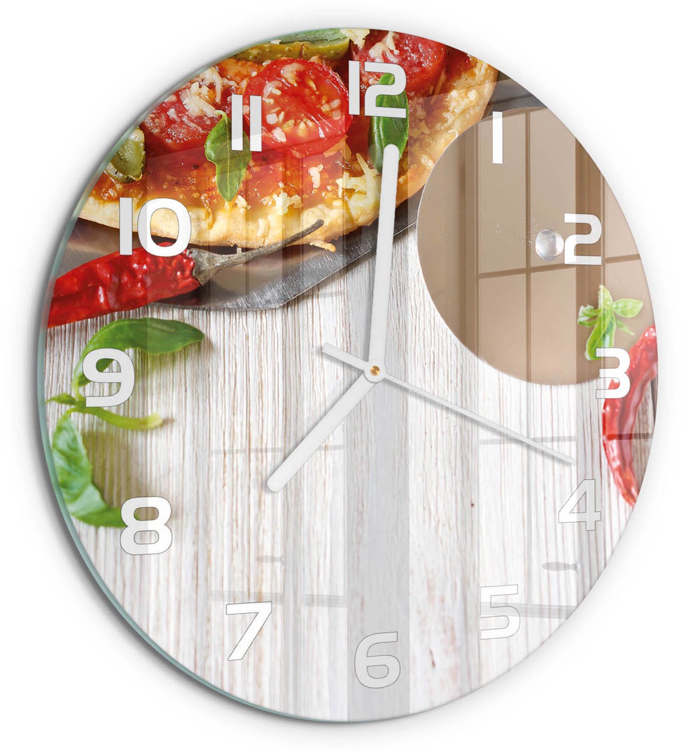 TULUP Wandklok - Pizza Klok Glas Met Opdruk - fi30 cm - Rood Moderne Wandklok Glas - Witte handen - Ronde Klok - Decoratieve Glazen Klok - Glazen Wandklok Design