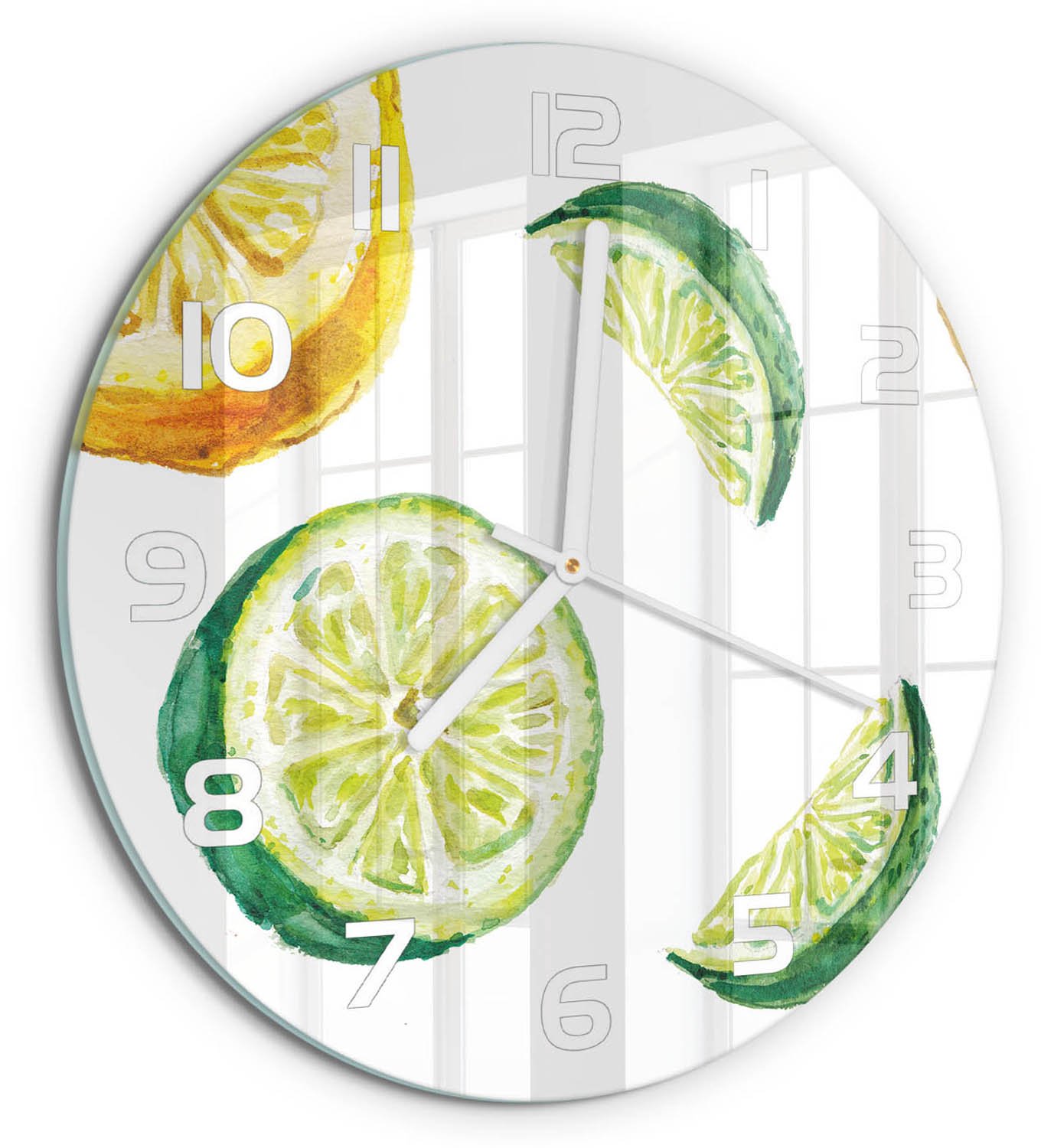 TULUP Wandklok - Citroen en limoen Klok Glas Met Opdruk - fi30 cm - Groente Moderne Wandklok Glas - Witte handen - Ronde Klok - Decoratieve Glazen Klok - Glazen Wandklok Design