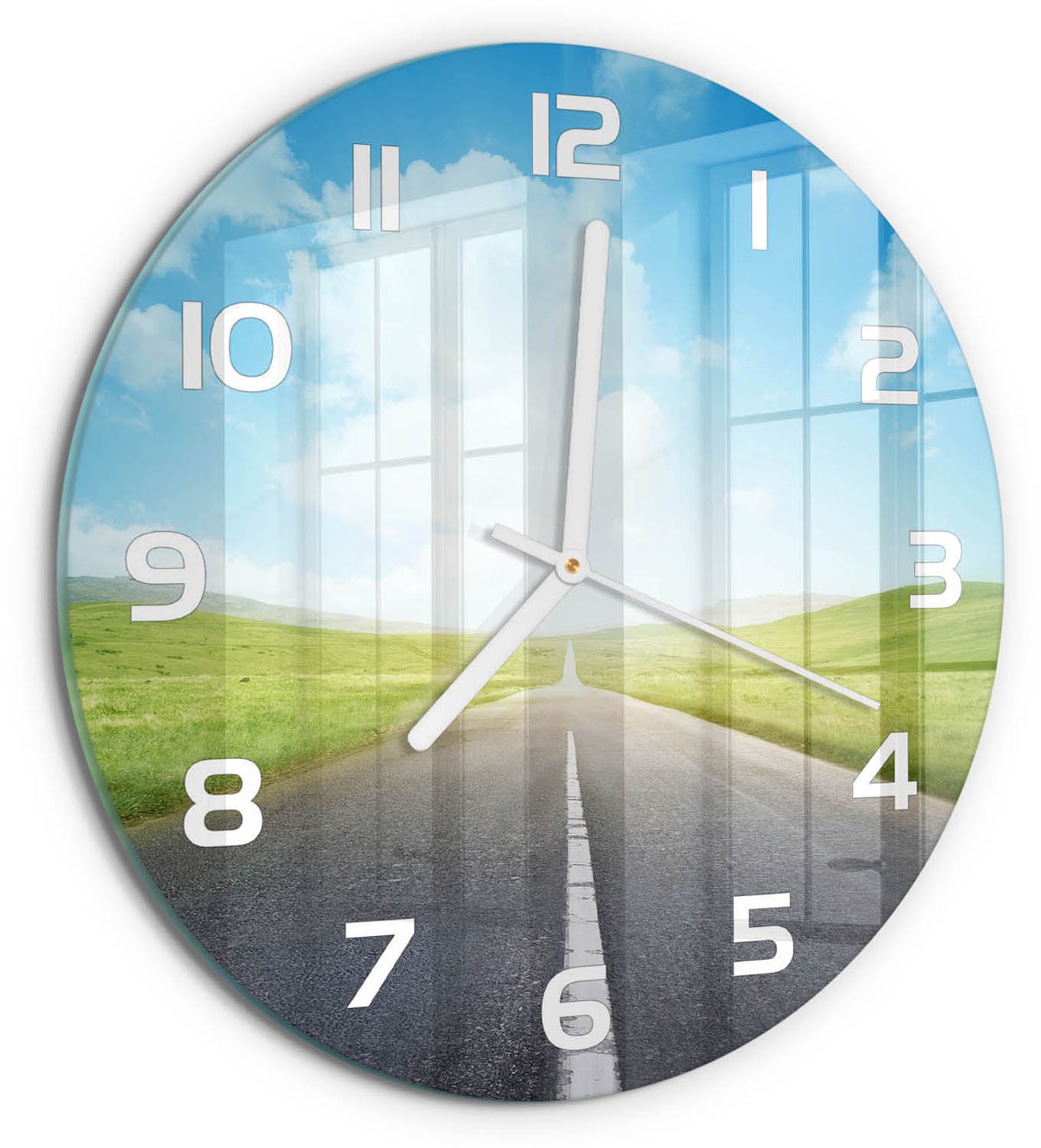 TULUP Wandklok - De weg door de weide Wandklok Glas Met Motief - fi30 cm - Groente Decoratieve Glazen Klok - Witte handen - Ronde Klok - Gekleurde Glazen Klok - Glazen Klok Met Print