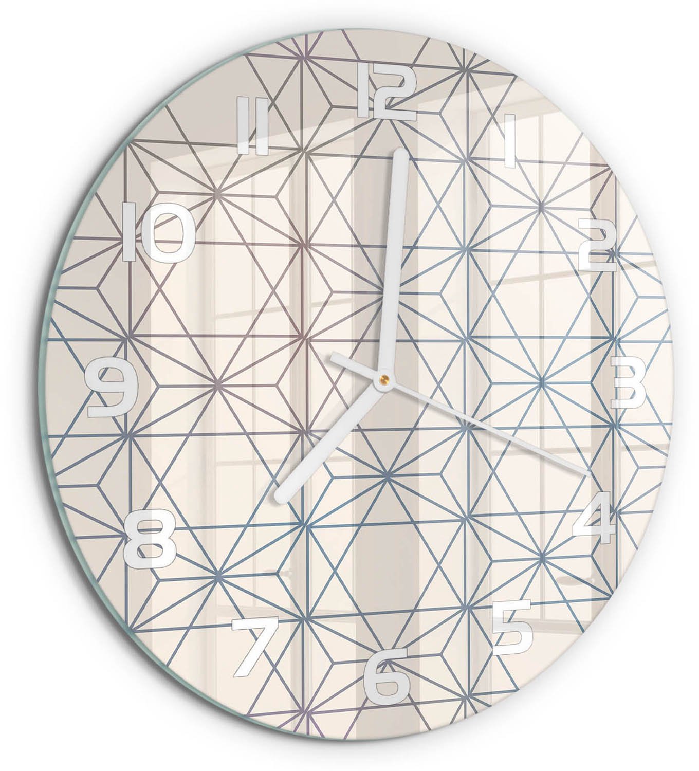 TULUP Wandklok - Geometrische achtergrond Decoratieve Glazen Klok - fi30 cm - Beige Glazen Wandklok Design - Witte handen - Ronde Klok - Glazen Klok Met Print - Wandklok Glas Met Motief