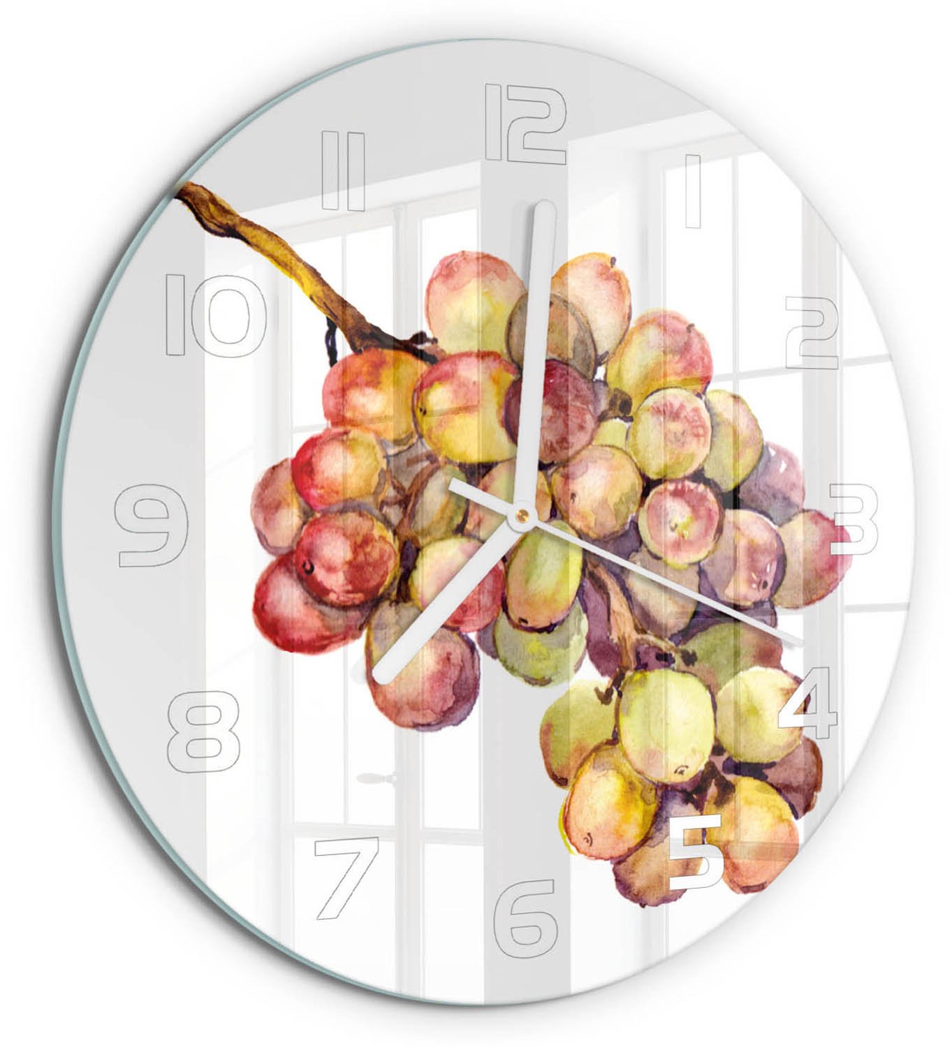 TULUP Wandklok - Druif Decoratieve Glazen Klok - fi30 cm - Groente Glazen Wandklok Design - Witte handen - Ronde Klok - Glazen Klok Met Print - Wandklok Glas Met Motief