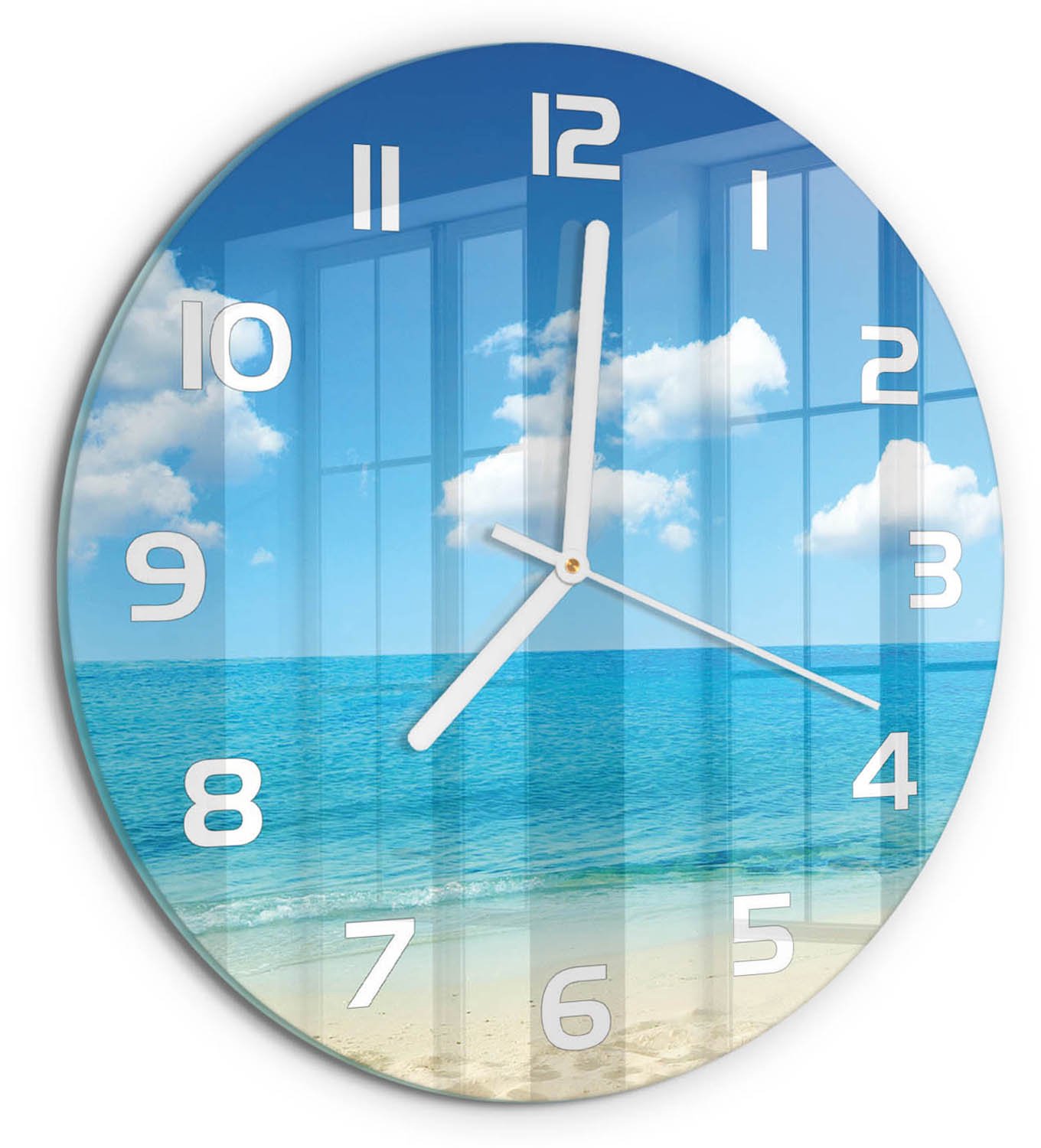 TULUP Wandklok - Paradijsstrand Wandklok Glas Decoratie - fi30 cm - Blauw Gekleurde Glazen Klok - Witte handen - Ronde Klok - Klok Glas Met Opdruk - Moderne Wandklok Glas