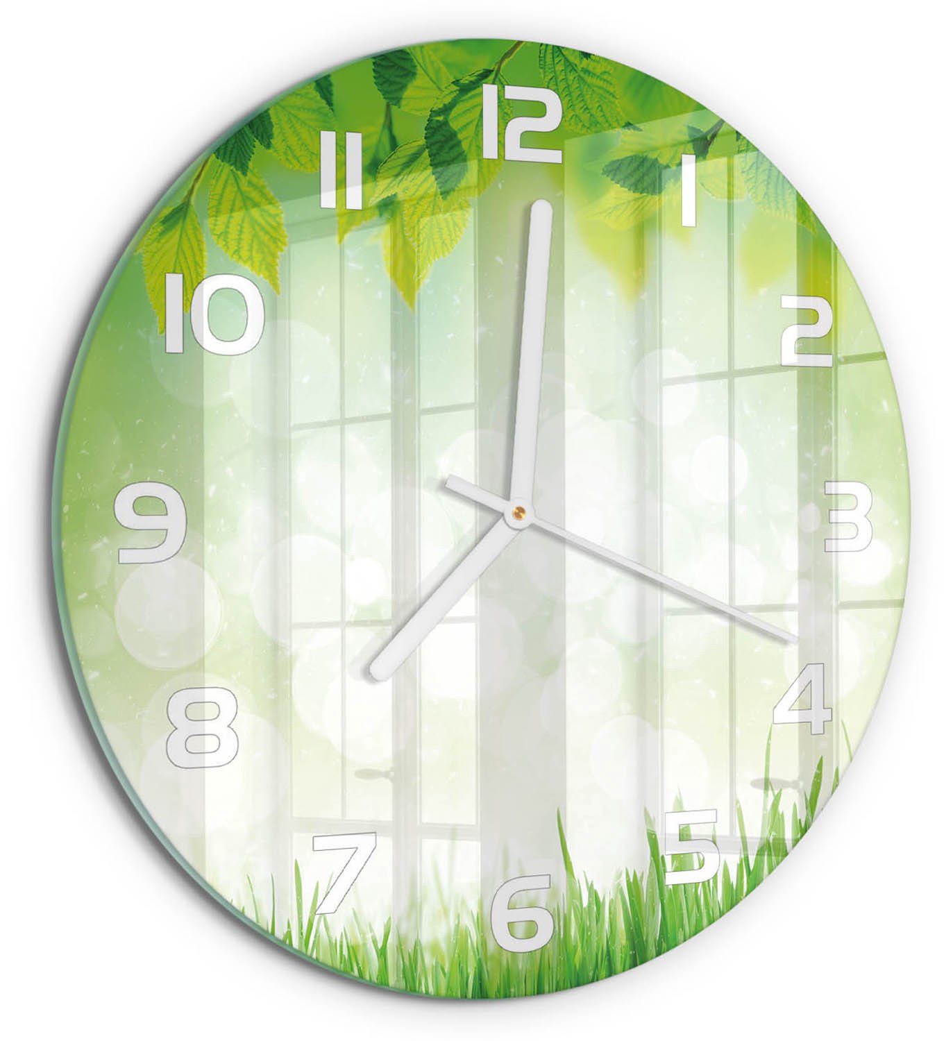 TULUP Wandklok - Bladeren en gras Gekleurde Glazen Klok - fi30 cm - Groente Glazen Klok Met Print - Witte handen - Ronde Klok - Moderne Wandklok Glas - Wandklok Glas Decoratie