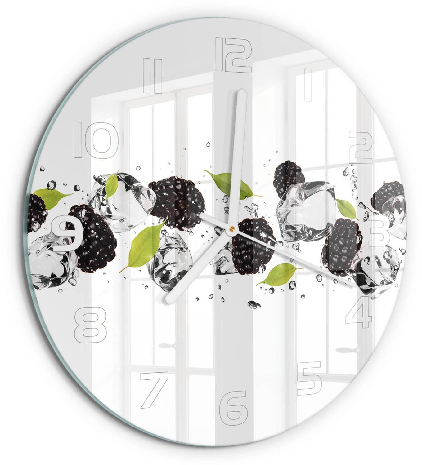TULUP Wandklok - Zoete kersen en water Wandklok Glas Decoratie - fi30 cm - Zwart Gekleurde Glazen Klok - Witte handen - Ronde Klok - Klok Glas Met Opdruk - Moderne Wandklok Glas