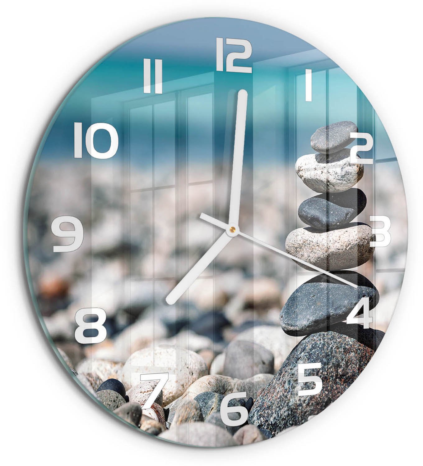 TULUP Wandklok - Stapel stenen Glazen Klok Met Print - fi30 cm - Veelkleurig Wandklok Glas Met Motief - Witte handen - Ronde Klok - Wandklok Glas Decoratie - Gekleurde Glazen Klok