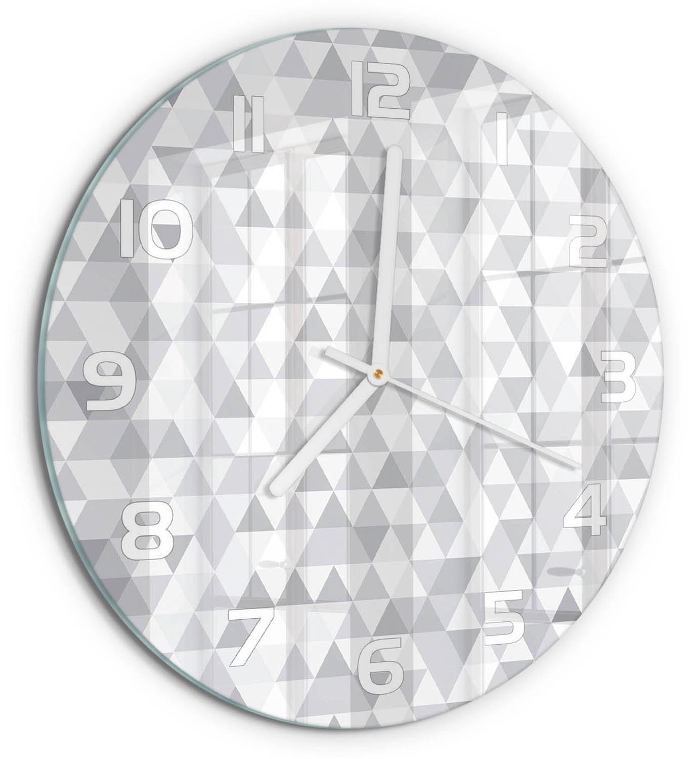 TULUP Wandklok - Grijze driehoeken Wandklok Glas Met Motief - fi30 cm - Grijs Decoratieve Glazen Klok - Witte handen - Ronde Klok - Gekleurde Glazen Klok - Glazen Klok Met Print