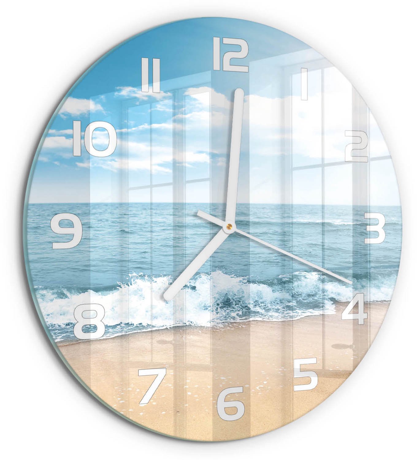 TULUP Wandklok - Strand Wandklok Glas Met Motief - fi30 cm - Blauw Decoratieve Glazen Klok - Witte handen - Ronde Klok - Gekleurde Glazen Klok - Glazen Klok Met Print