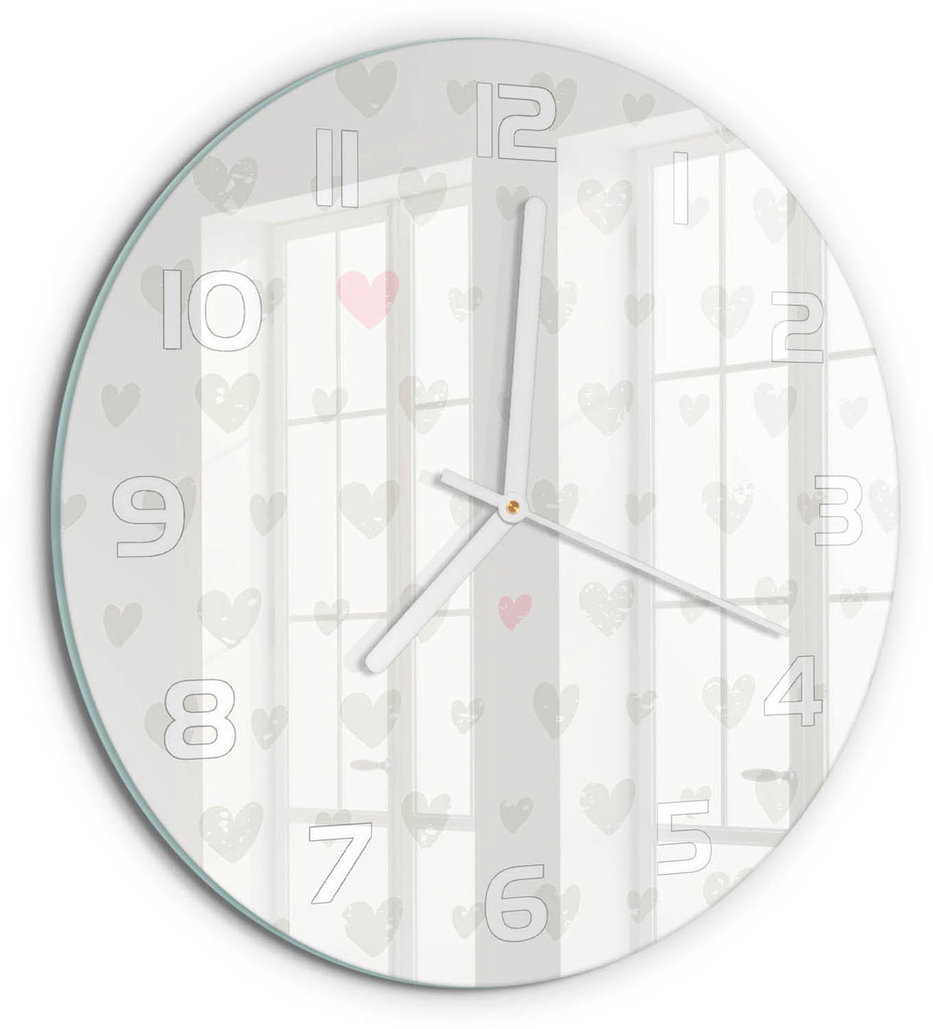TULUP Wandklok - Hartachtergrond Gekleurde Glazen Klok - fi30 cm - Grijs Glazen Klok Met Print - Witte handen - Ronde Klok - Moderne Wandklok Glas - Wandklok Glas Decoratie
