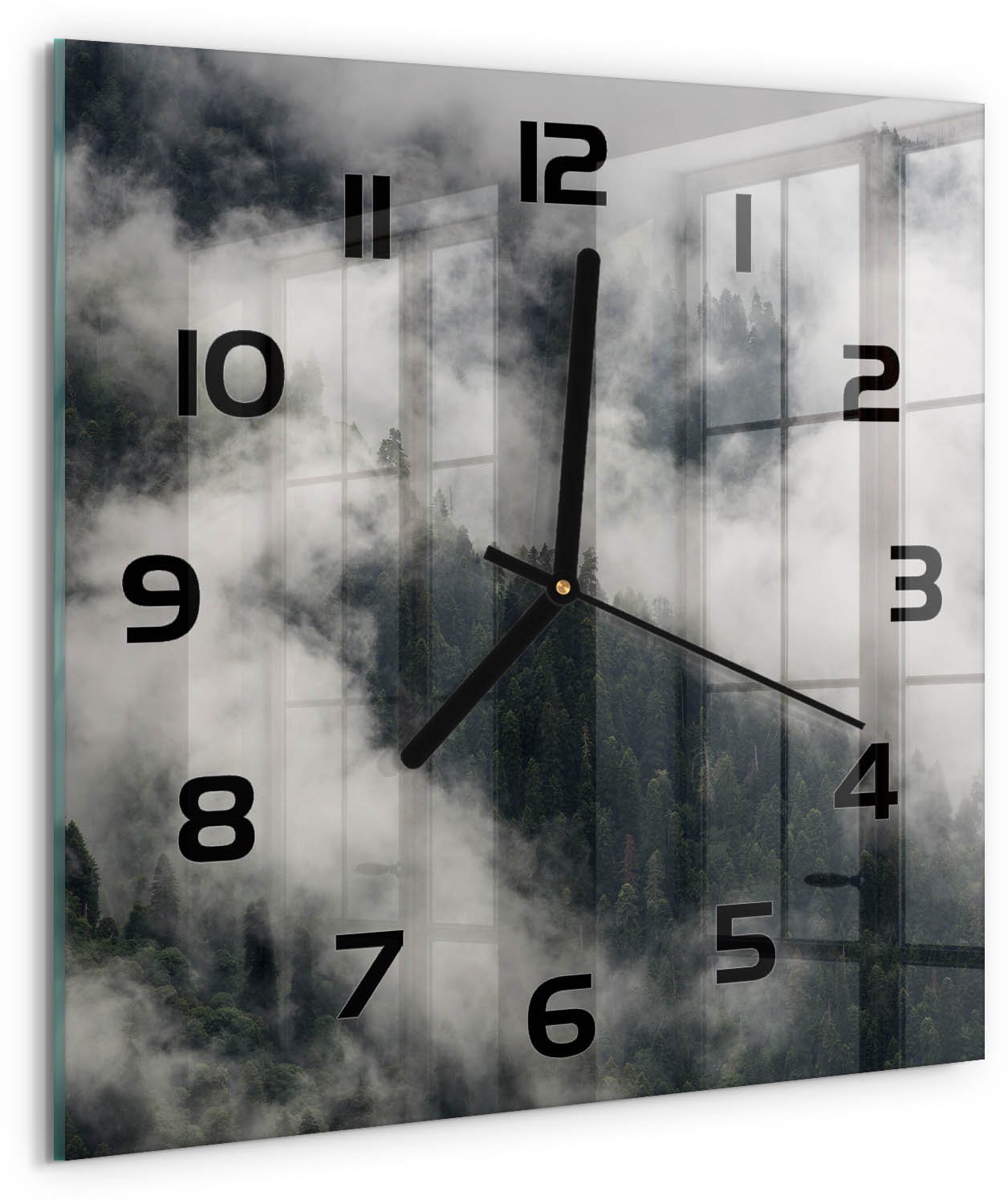 TULUP Wandklok - Mist boven het bos Decoratieve Glazen Klok - 30x30 cm - Grijs Glazen Wandklok Design - Zwarte handen - Vierkante Klok - Glazen Klok Met Print - Wandklok Glas Met Motief
