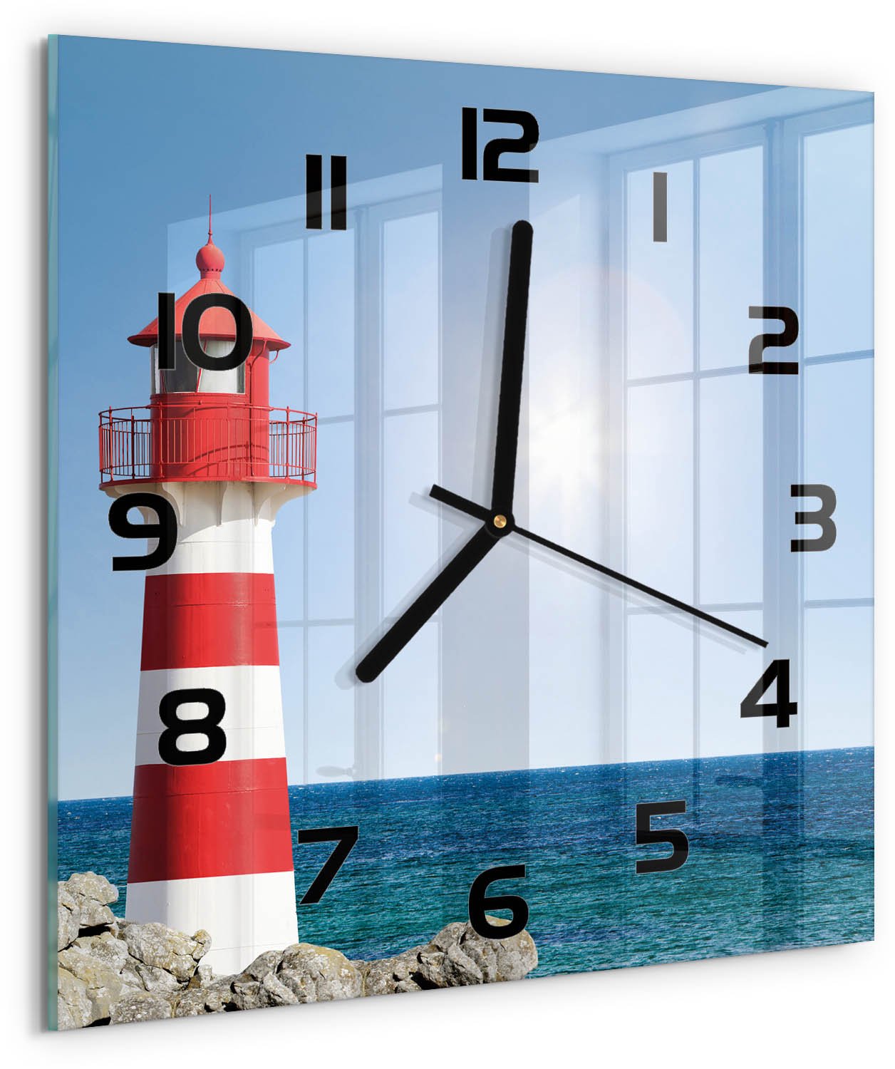 Tulup Wandklok - Vuurtoren Wandklok Glas Decoratie - 30x30 cm - Rood Gekleurde Glazen Klok - Zwarte handen - Vierkante Klok - Klok Glas Met Opdruk - Moderne Wandklok Glas