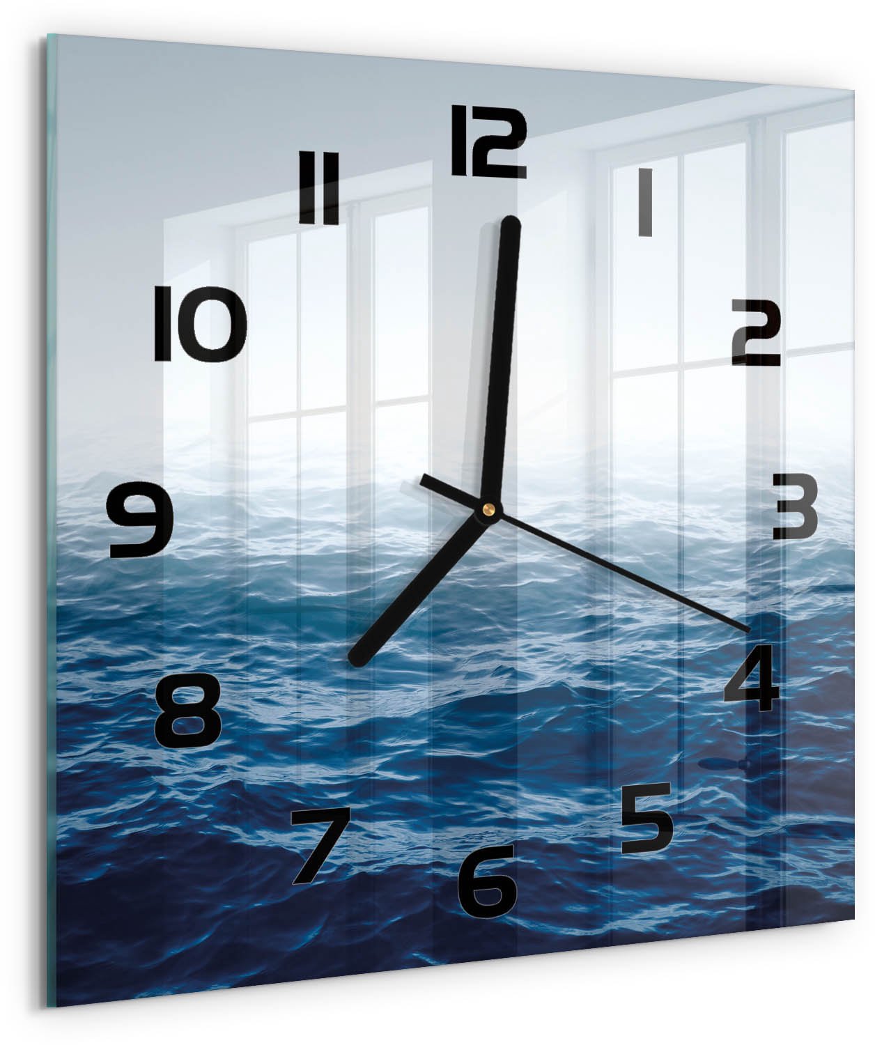 TULUP Wandklok - Oceaangolven Klok Glas Met Opdruk - 30x30 cm - Blauw Moderne Wandklok Glas - Zwarte handen - Vierkante Klok - Decoratieve Glazen Klok - Glazen Wandklok Design