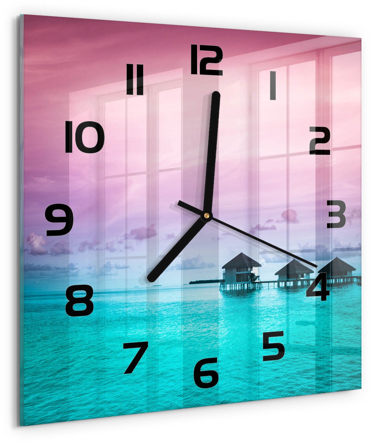 Tulup Wandklok - Bungalows aan het water Klok Glas Met Opdruk - 30x30 cm - Blauw Moderne Wandklok Glas - Zwarte handen - Vierkante Klok - Decoratieve Glazen Klok - Glazen Wandklok Design