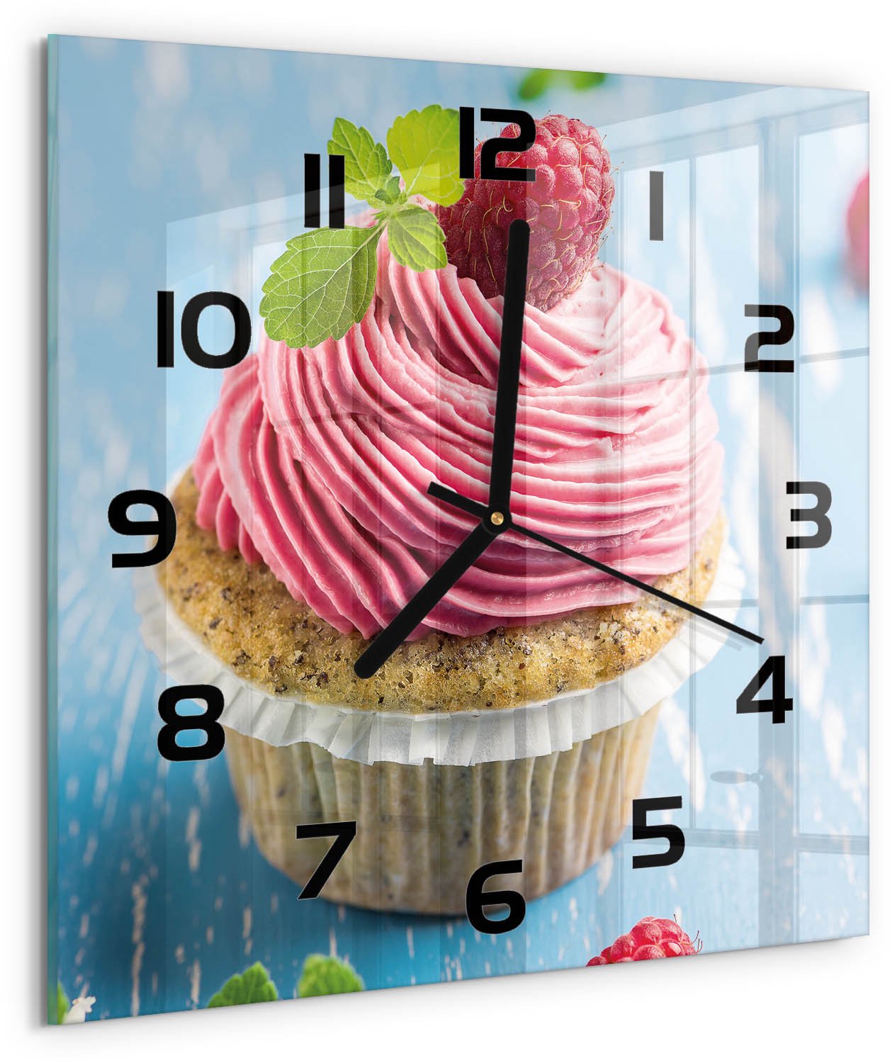 Tulup Wandklok - Frambozenmuffin Wandklok Glas Met Motief - 30x30 cm - Rood Decoratieve Glazen Klok - Zwarte handen - Vierkante Klok - Gekleurde Glazen Klok - Glazen Klok Met Print
