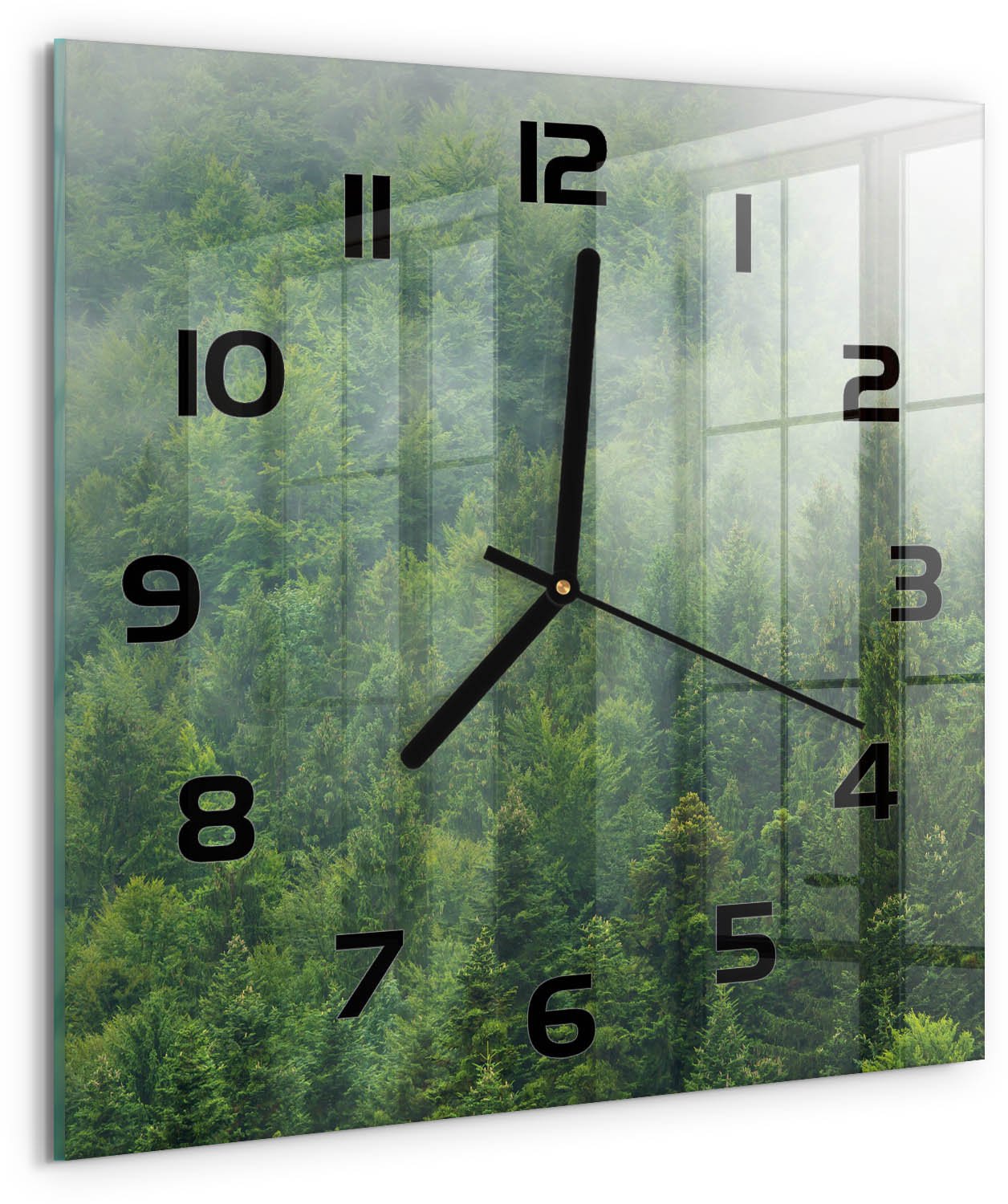TULUP Wandklok - Mysterieus bos Glazen Klok Met Print - 30x30 cm - Groente Wandklok Glas Met Motief - Zwarte handen - Vierkante Klok - Wandklok Glas Decoratie - Gekleurde Glazen Klok