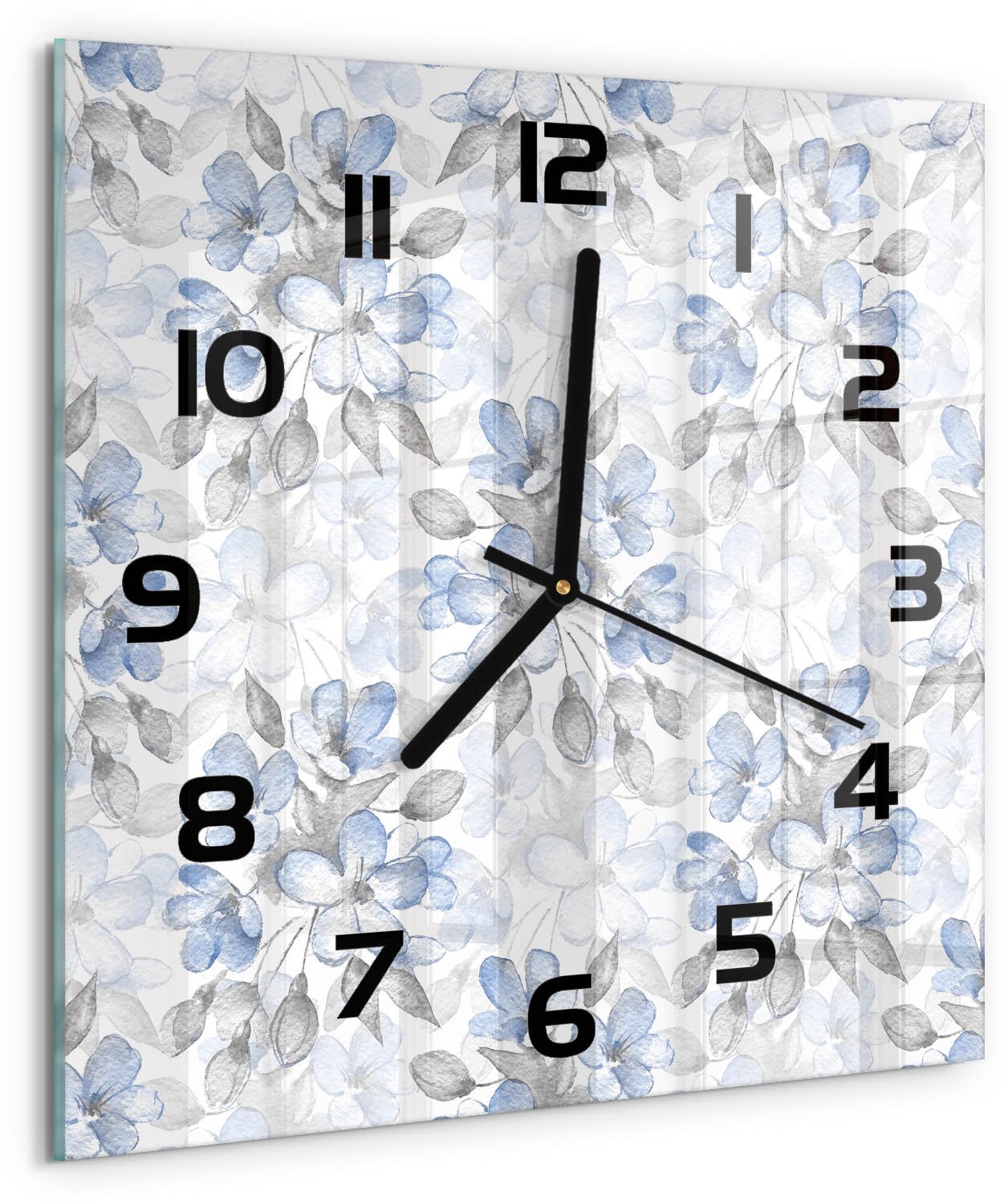 TULUP Wandklok - delicate bloemen Gekleurde Glazen Klok - 30x30 cm - Blauw Glazen Klok Met Print - Zwarte handen - Vierkante Klok - Moderne Wandklok Glas - Wandklok Glas Decoratie
