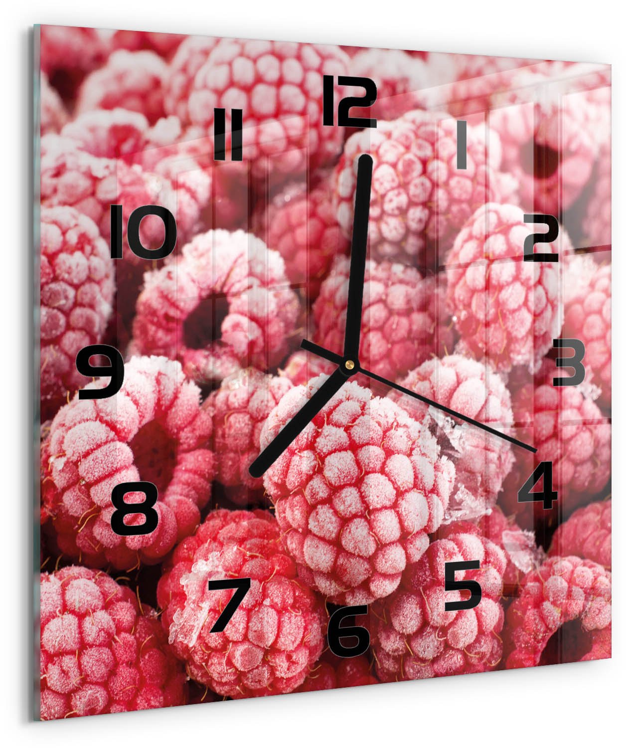 Tulup Wandklok - Bevroren frambozen Wandklok Glas Met Motief - 30x30 cm - Rood Decoratieve Glazen Klok - Zwarte handen - Vierkante Klok - Gekleurde Glazen Klok - Glazen Klok Met Print
