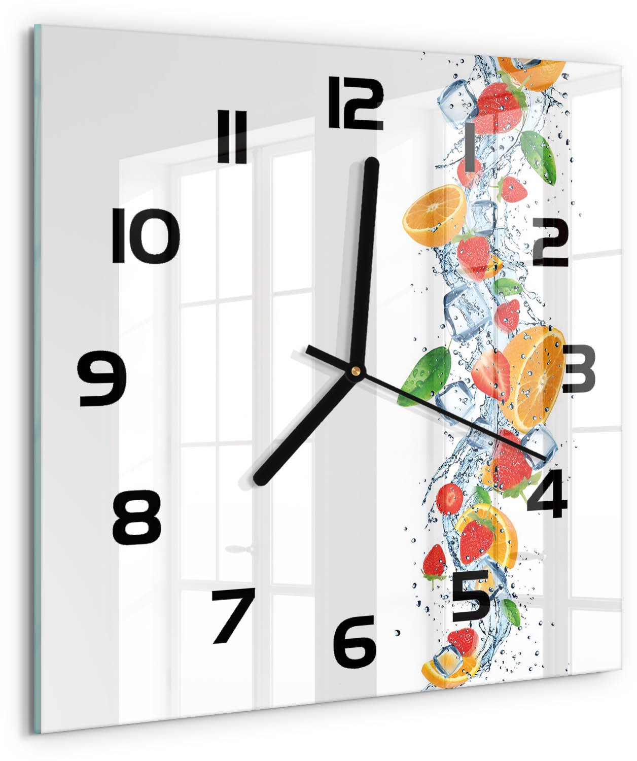 Tulup Wandklok - Fruit met ijs Wandklok Glas Met Motief - 30x30 cm - Veelkleurig Decoratieve Glazen Klok - Zwarte handen - Vierkante Klok - Gekleurde Glazen Klok - Glazen Klok Met Print