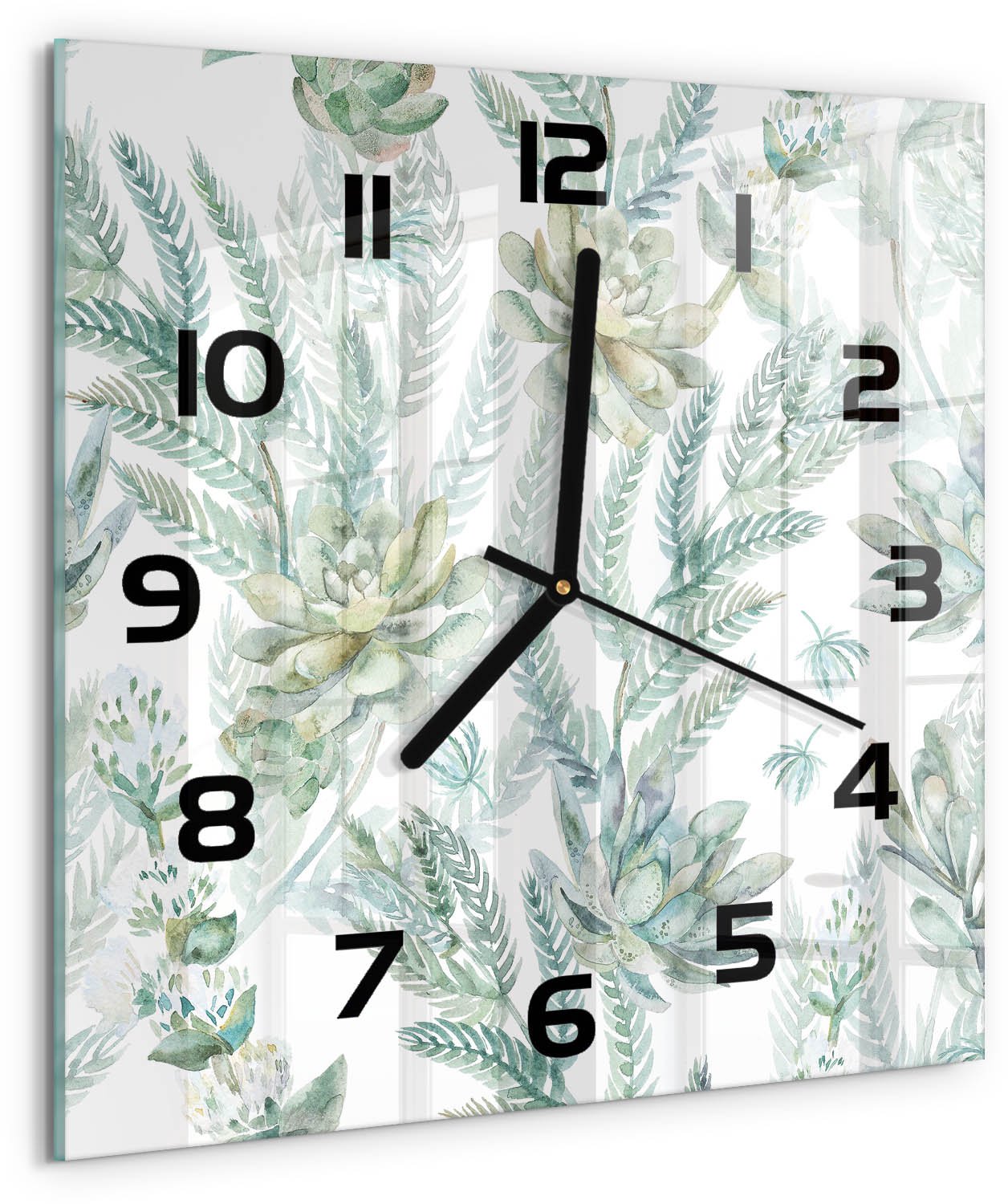 TULUP Wandklok - Bloemen en bladeren Decoratieve Glazen Klok - 30x30 cm - Groente Glazen Wandklok Design - Zwarte handen - Vierkante Klok - Glazen Klok Met Print - Wandklok Glas Met Motief
