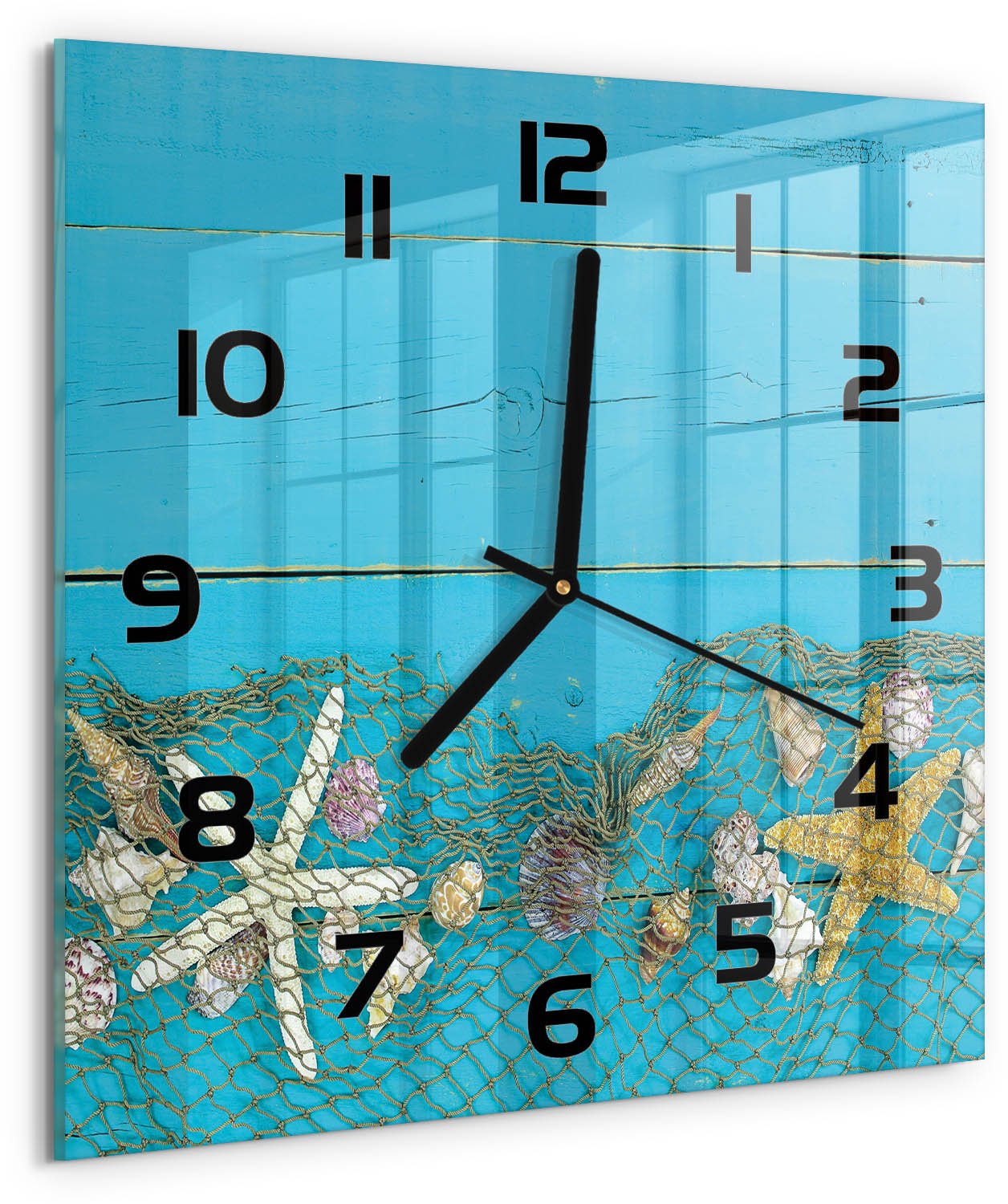 TULUP Wandklok - Zeesterren en schelpen Moderne Wandklok Glas - 30x30 cm - Blauw Wandklok Glas Decoratie - Zwarte handen - Vierkante Klok - Glazen Wandklok Design - Klok Glas Met Opdruk