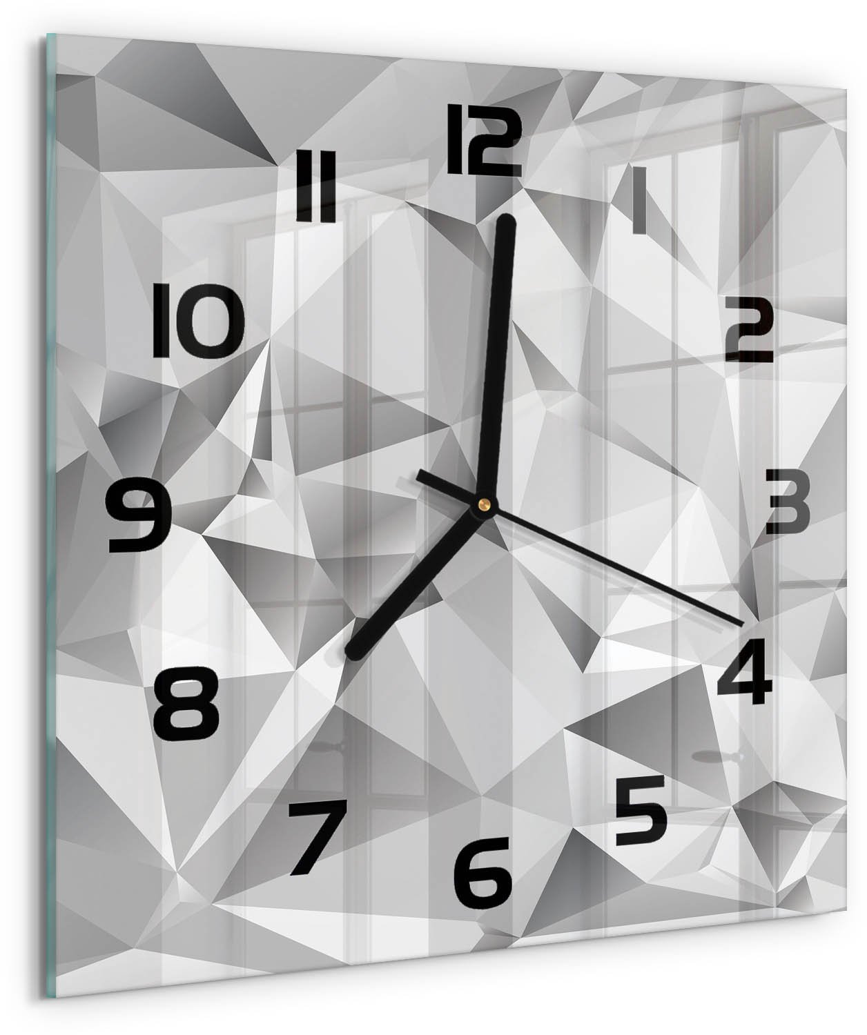 TULUP Wandklok - 3D-abstractie Moderne Wandklok Glas - 30x30 cm - Grijs Wandklok Glas Decoratie - Zwarte handen - Vierkante Klok - Glazen Wandklok Design - Klok Glas Met Opdruk