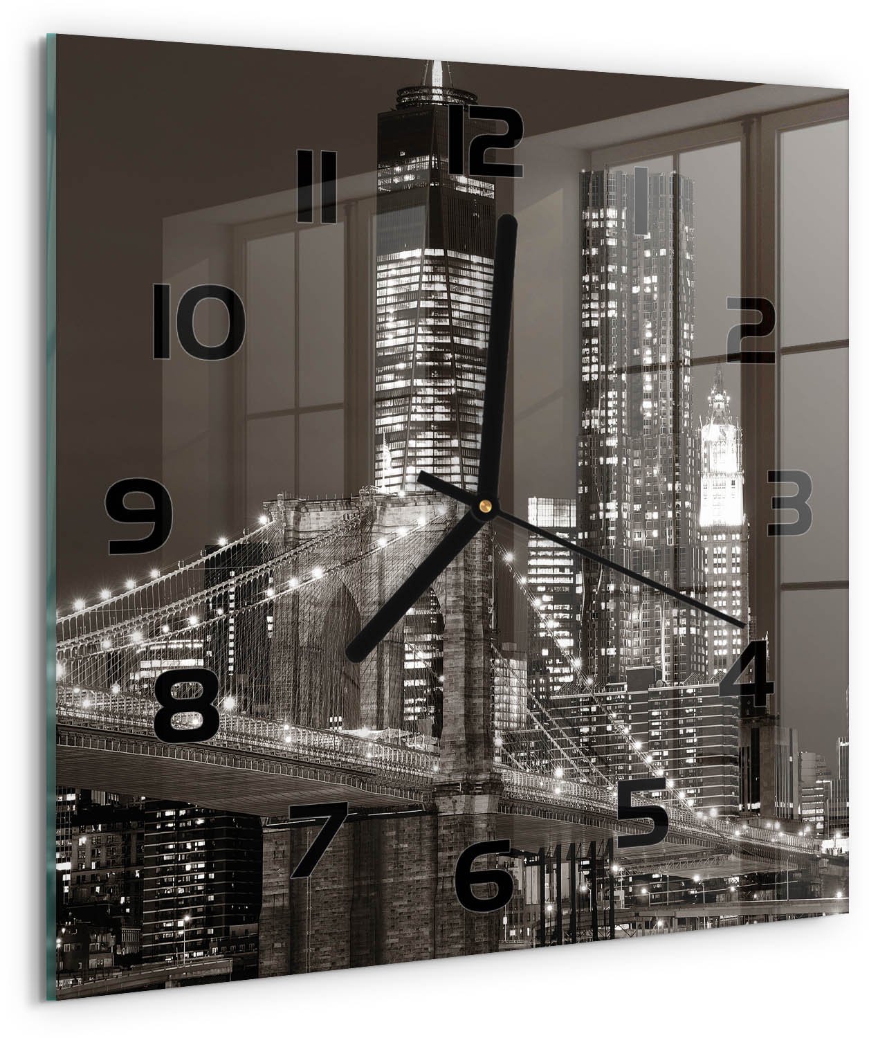 Tulup Wandklok - Manhattan, New York Wandklok Glas Decoratie - 30x30 cm - Zwart-wit Gekleurde Glazen Klok - Zwarte handen - Vierkante Klok - Klok Glas Met Opdruk - Moderne Wandklok Glas