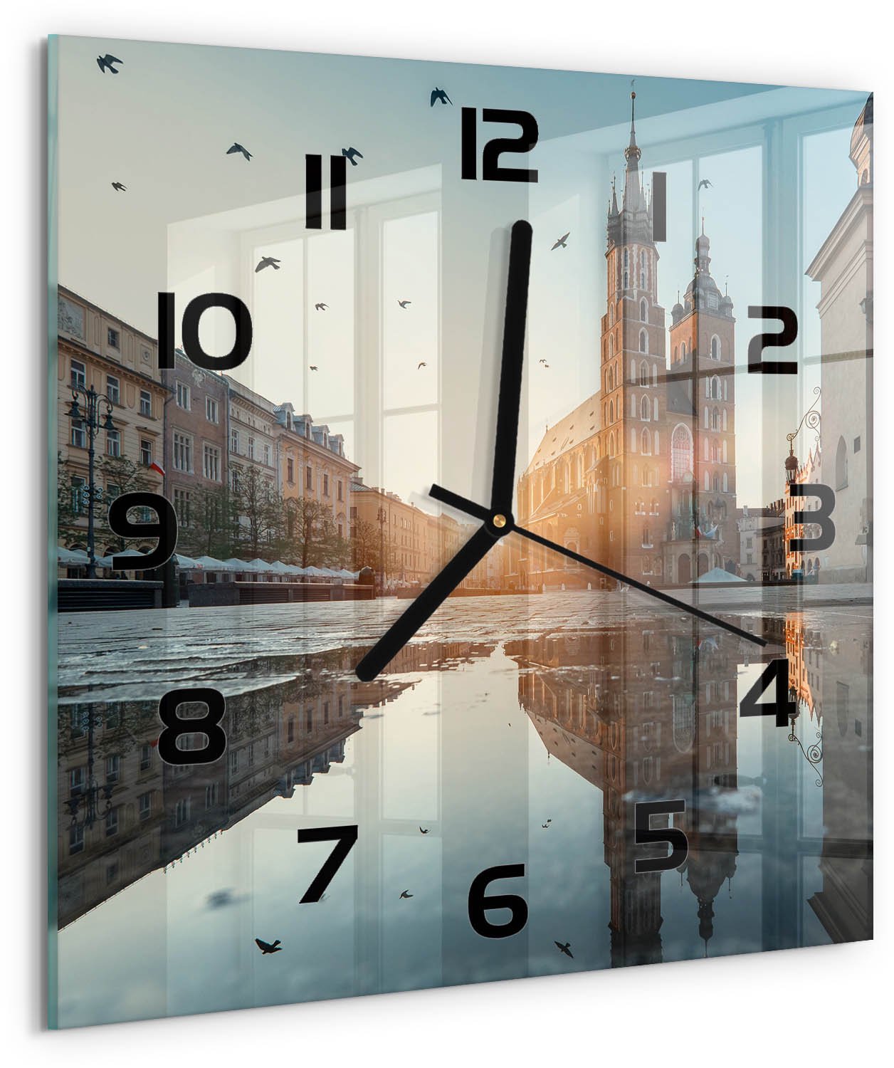 Tulup Wandklok - Krakau, Polen Wandklok Glas Met Motief - 30x30 cm - Blauw Decoratieve Glazen Klok - Zwarte handen - Vierkante Klok - Gekleurde Glazen Klok - Glazen Klok Met Print