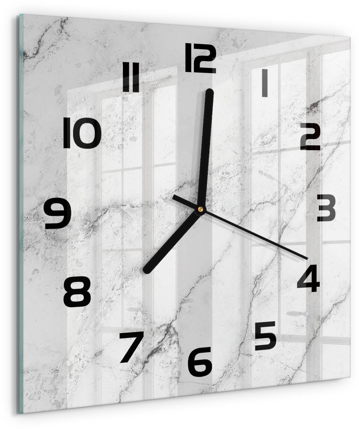 TULUP Wandklok - Marmer Klok Glas Met Opdruk - 30x30 cm - Wit Moderne Wandklok Glas - Zwarte handen - Vierkante Klok - Decoratieve Glazen Klok - Glazen Wandklok Design